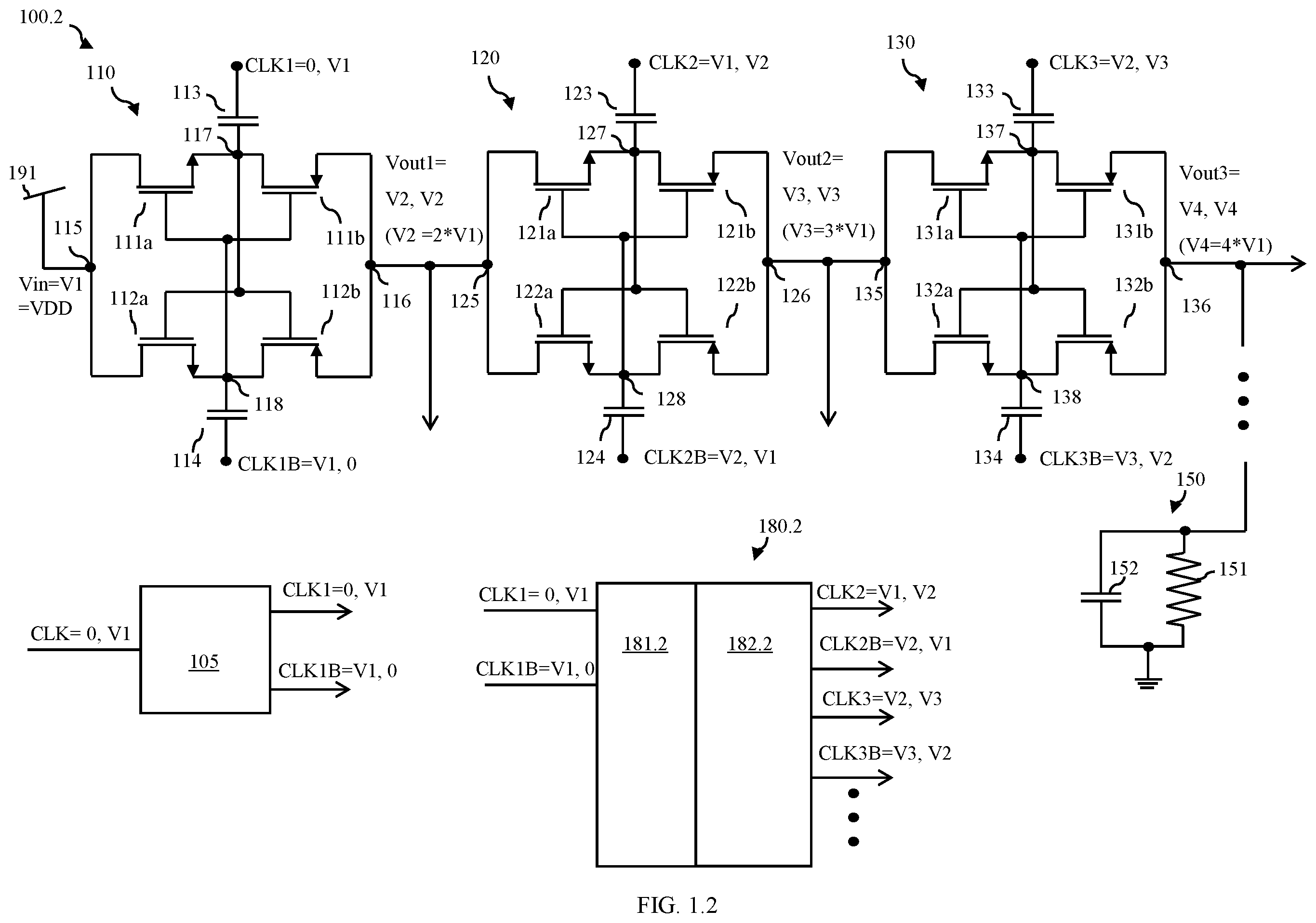 Patent US12348133 Figure 2 – Multi-stage charge pump circuit including voltage level shifter for clock signal generation