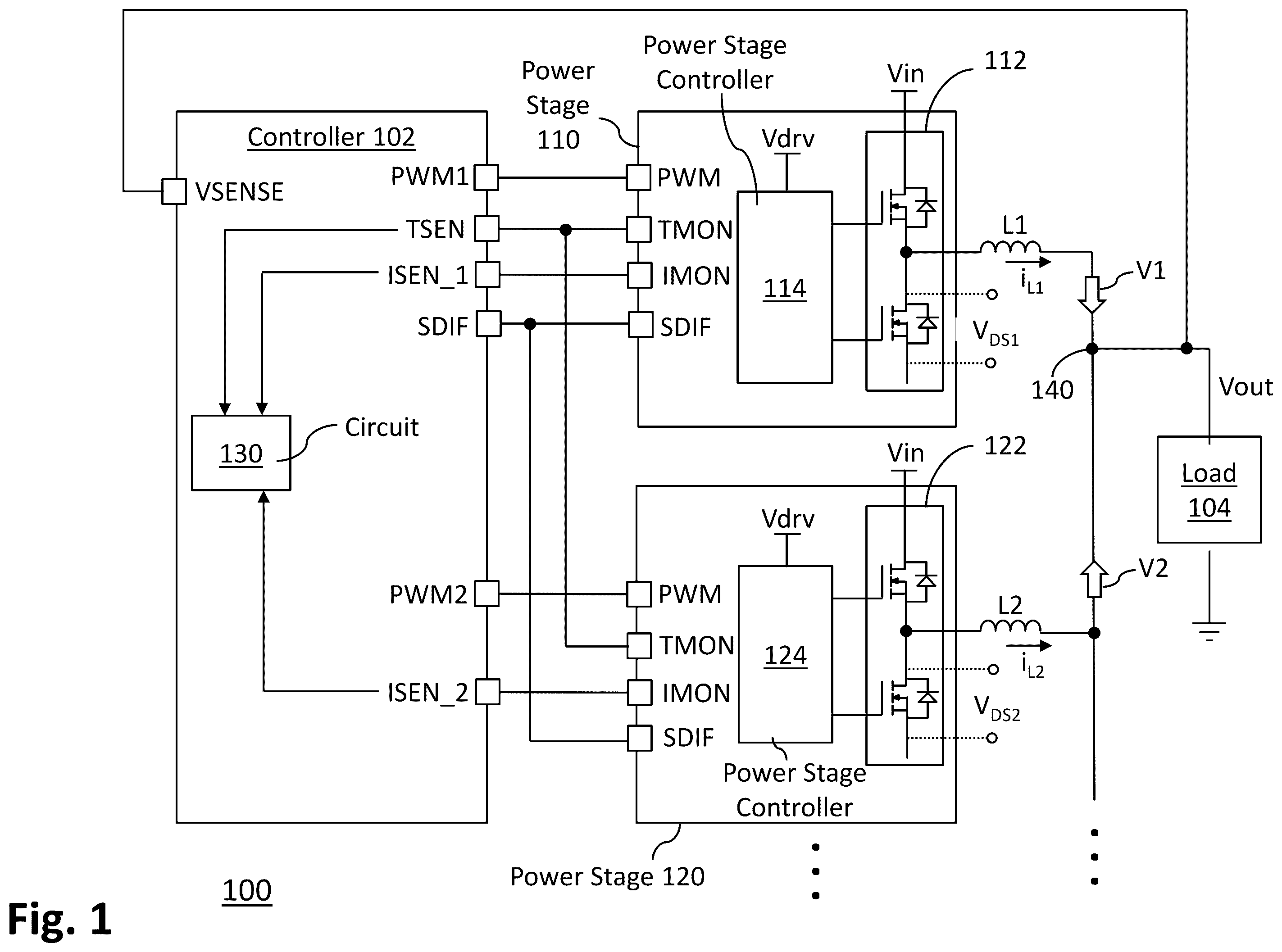 Patent US12348143 Figure 1 – Remote current sense compensation in multiphase voltage regulators