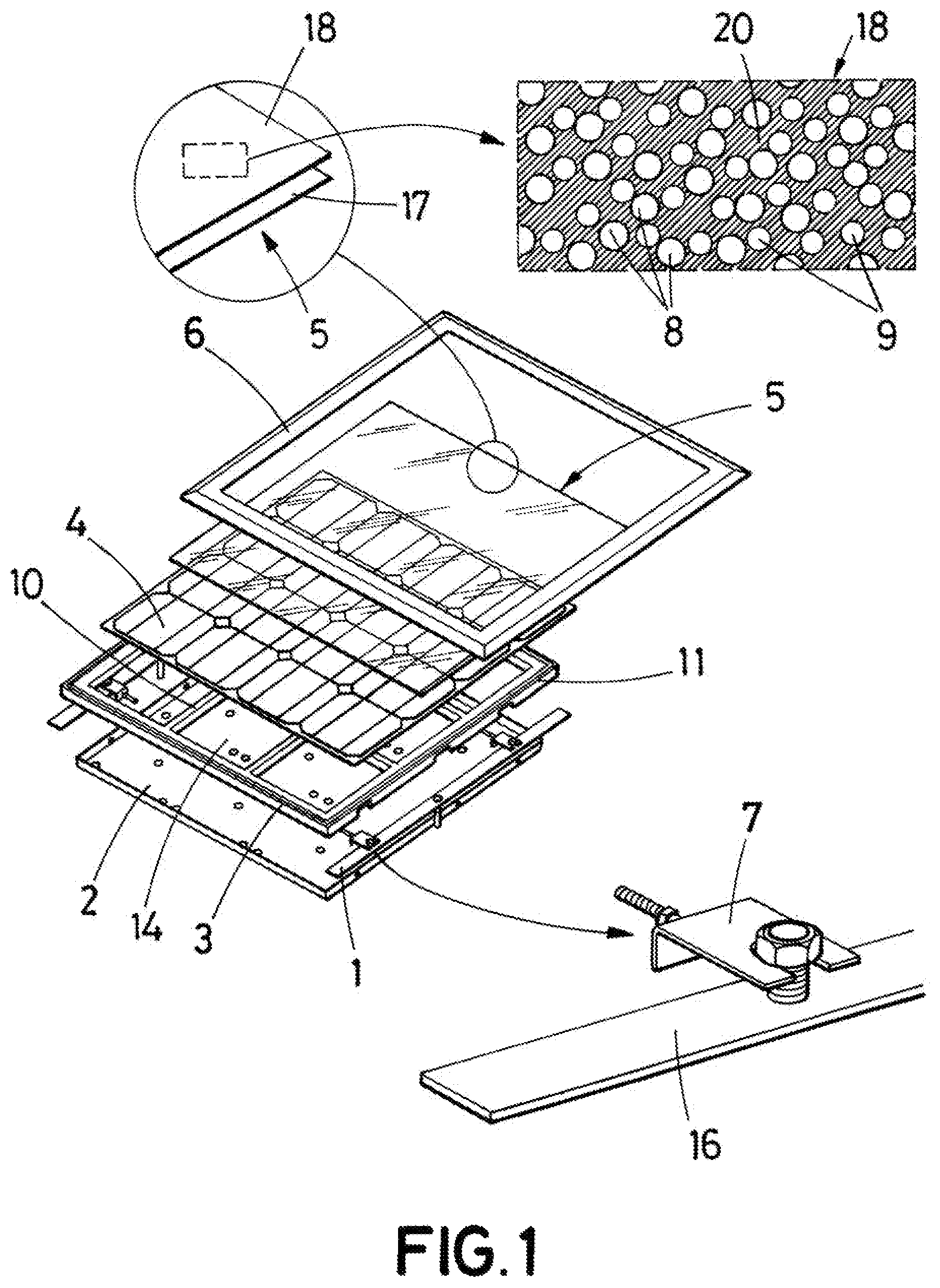 Patent US12348175 Figure 1 – Photovoltaic tile intended to be installed on passable exterior paving surfaces