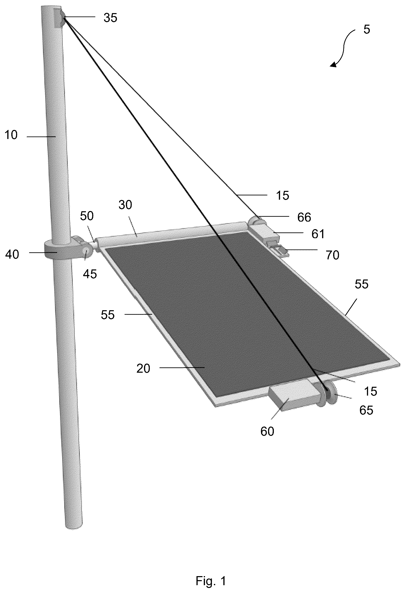 Patent US12348180 Figure 1 – Overhead tensile-actuated solar tracking system and method
