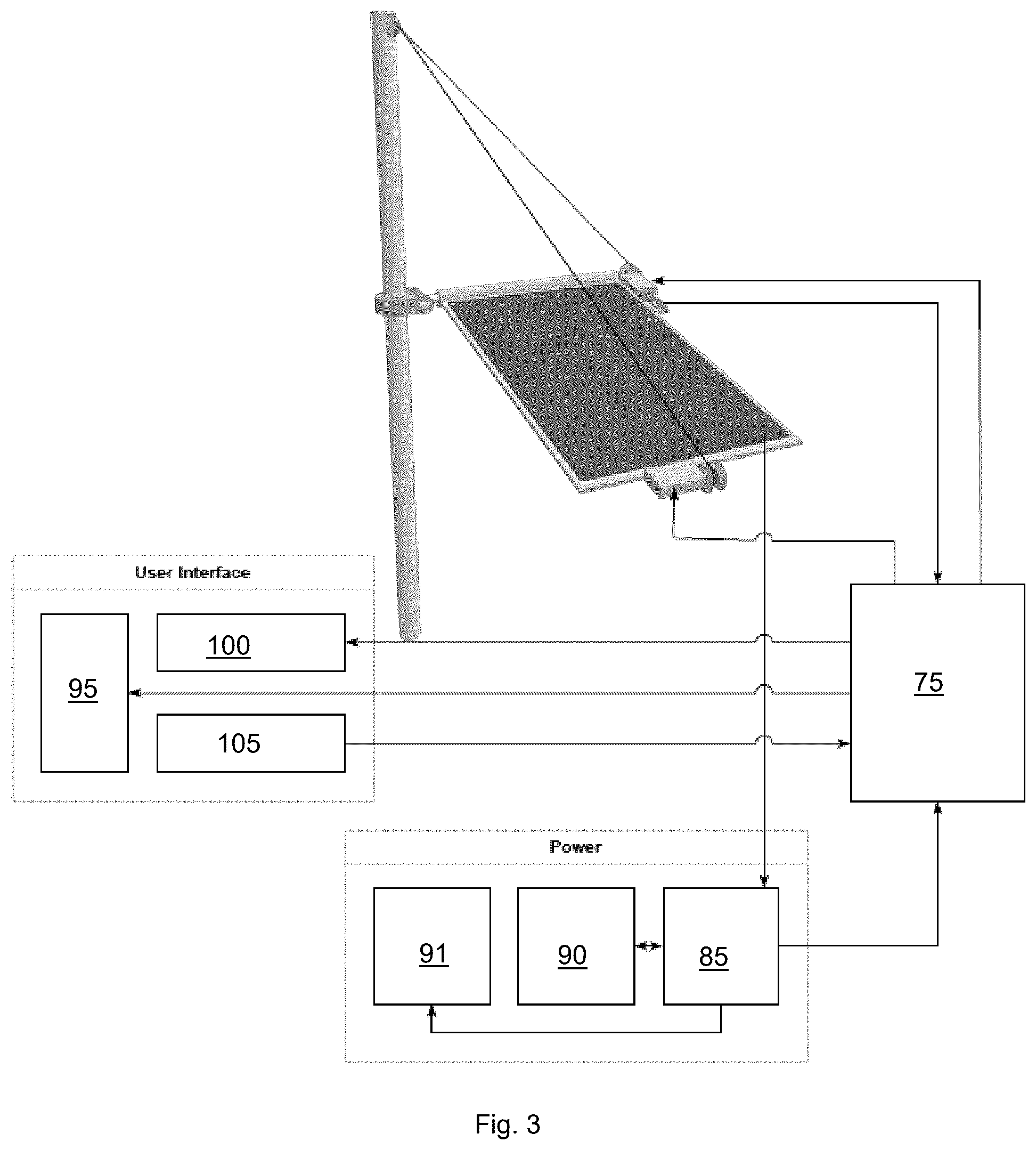 Patent US12348180 Figure 3 – Overhead tensile-actuated solar tracking system and method