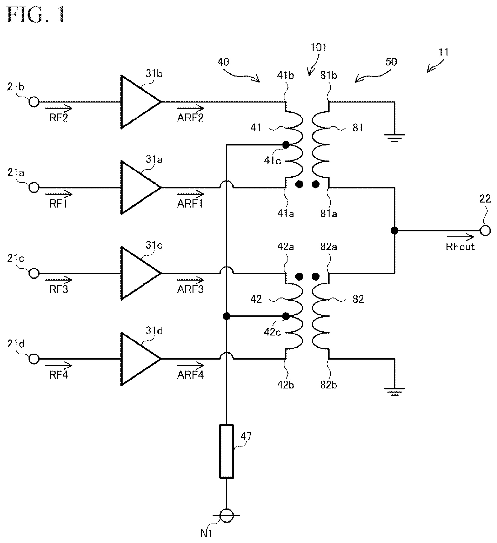 Patent US12348211 Figure 1 – Combining balun and differential amplification device