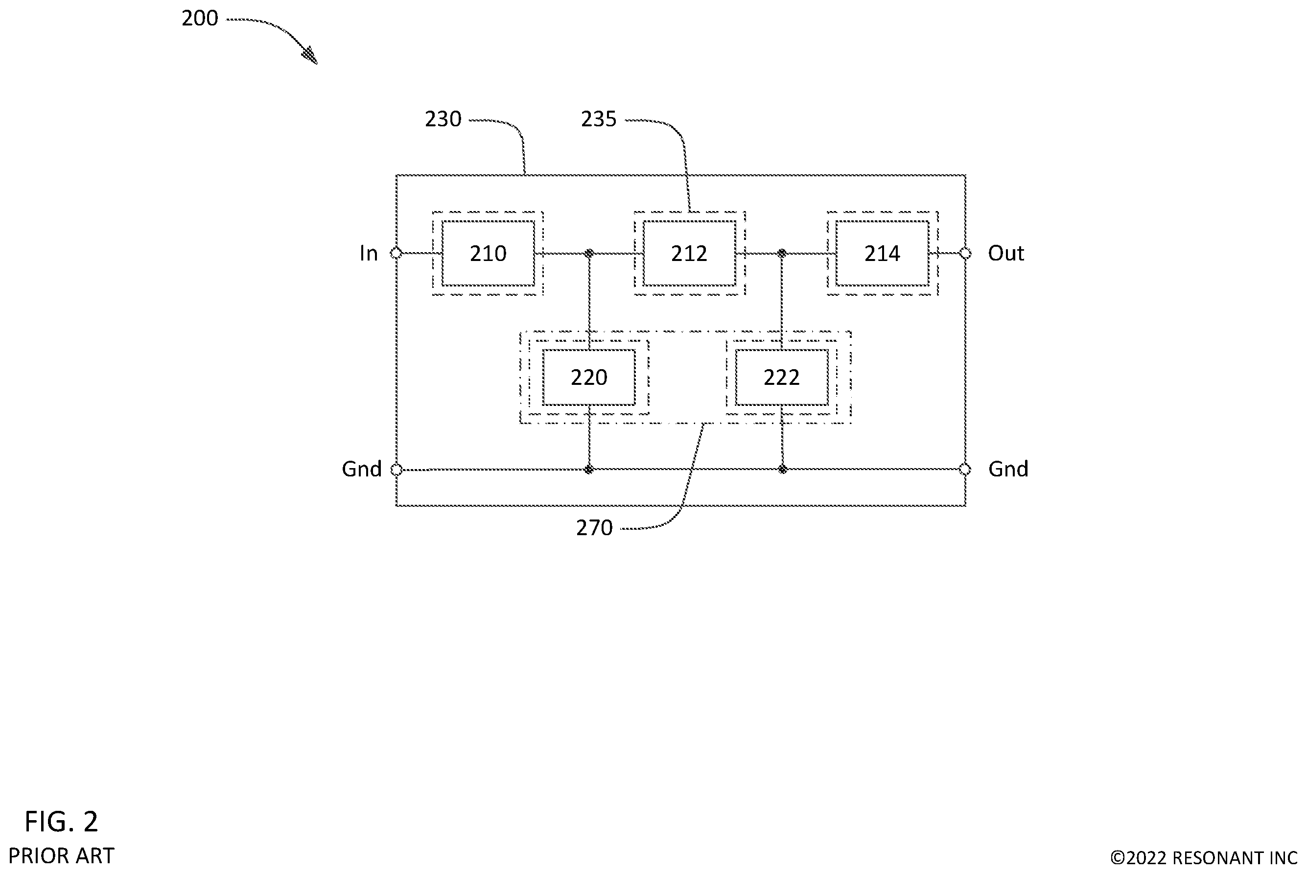 Patent US12348216 Figure 2 – Acoustic filters with shared acoustic tracks and cascaded series resonators