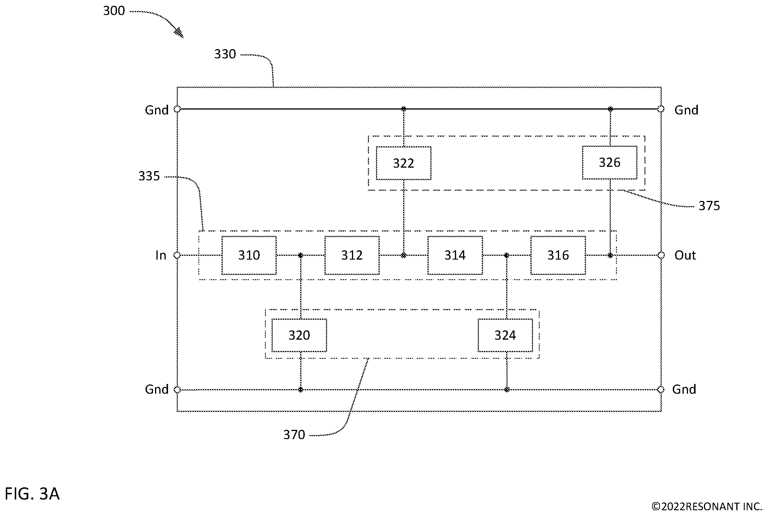 Patent US12348216 Figure 3 – Acoustic filters with shared acoustic tracks and cascaded series resonators