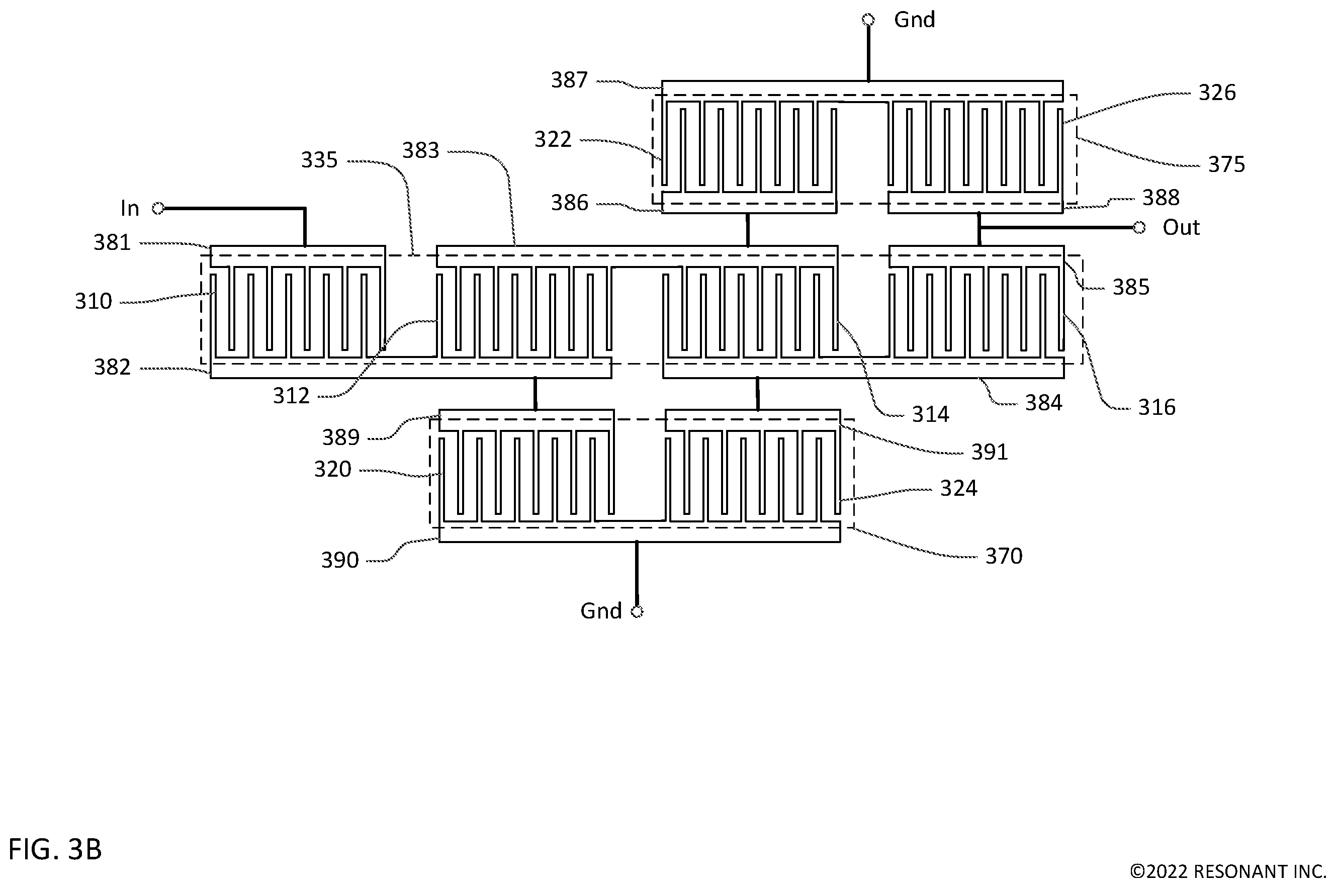 Patent US12348216 Figure 4 – Acoustic filters with shared acoustic tracks and cascaded series resonators