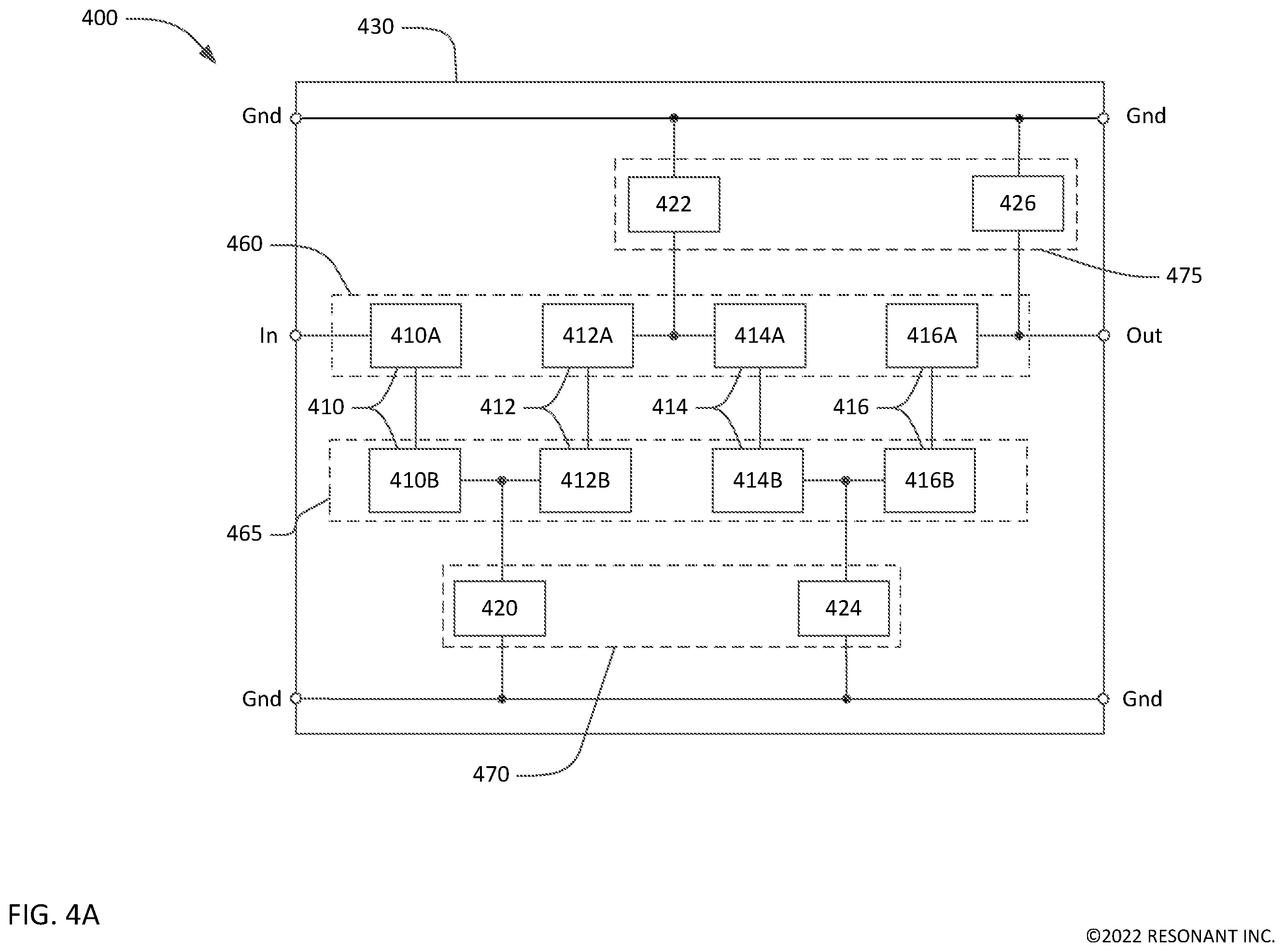 Patent US12348216 Figure 5 – Acoustic filters with shared acoustic tracks and cascaded series resonators