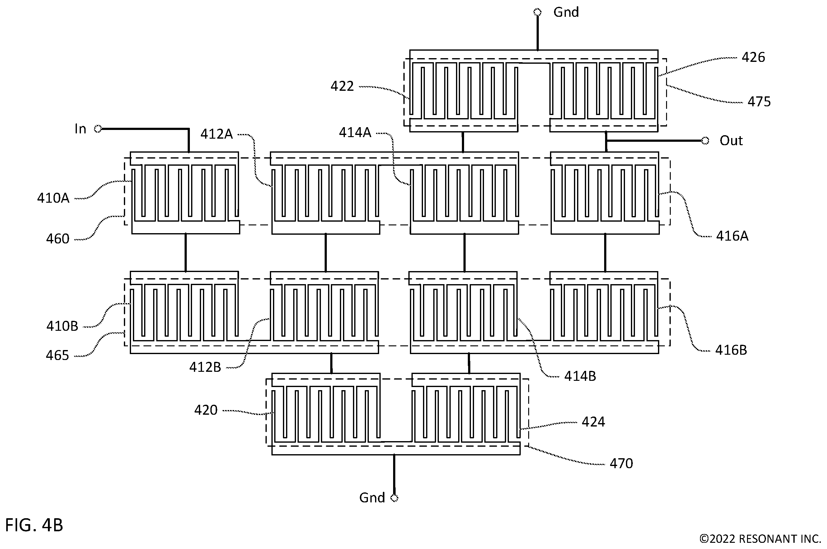 Patent US12348216 Figure 6 – Acoustic filters with shared acoustic tracks and cascaded series resonators