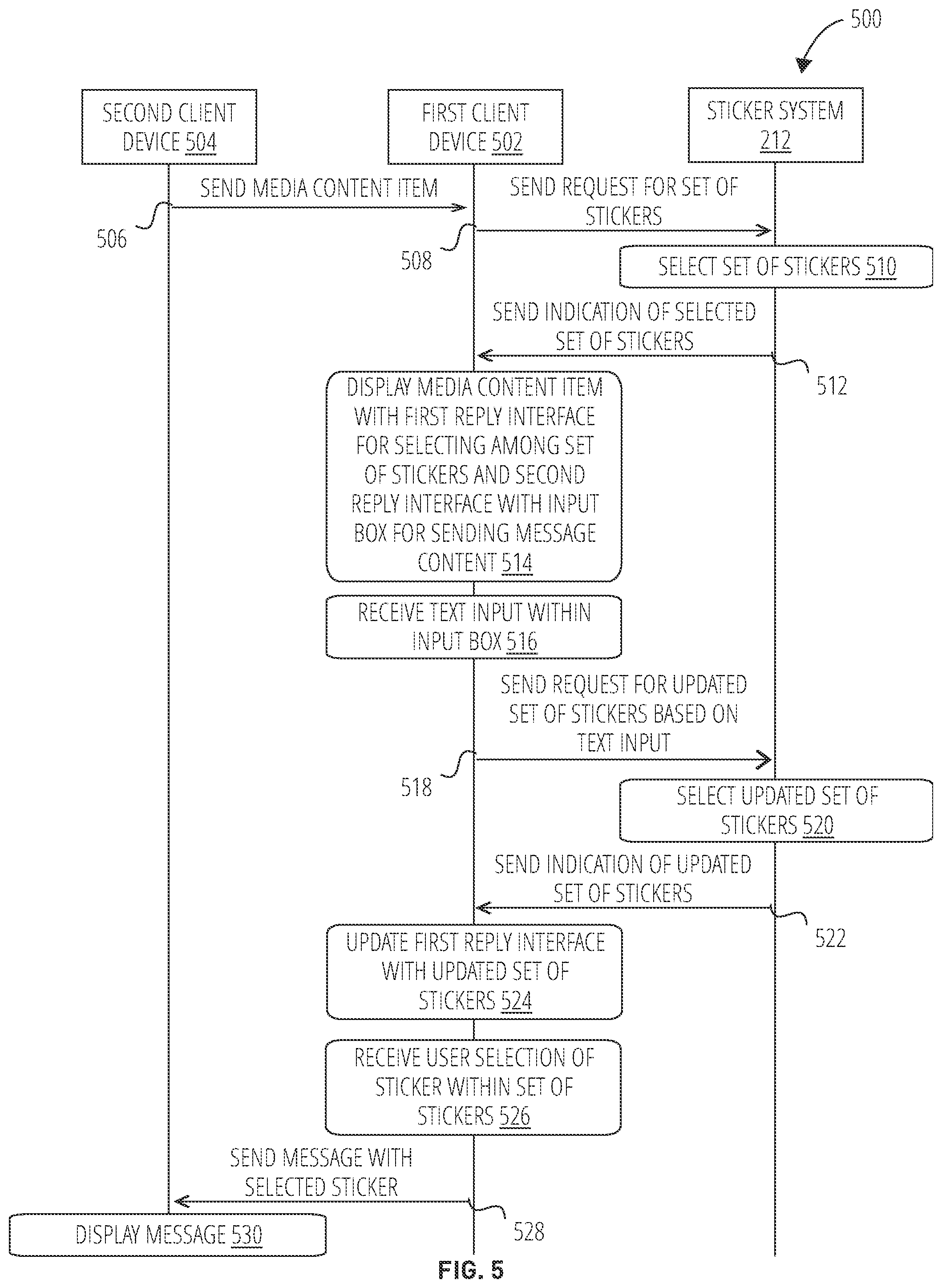 Patent US12348468 Figure 5 – Reply interface with selectable stickers for messaging system