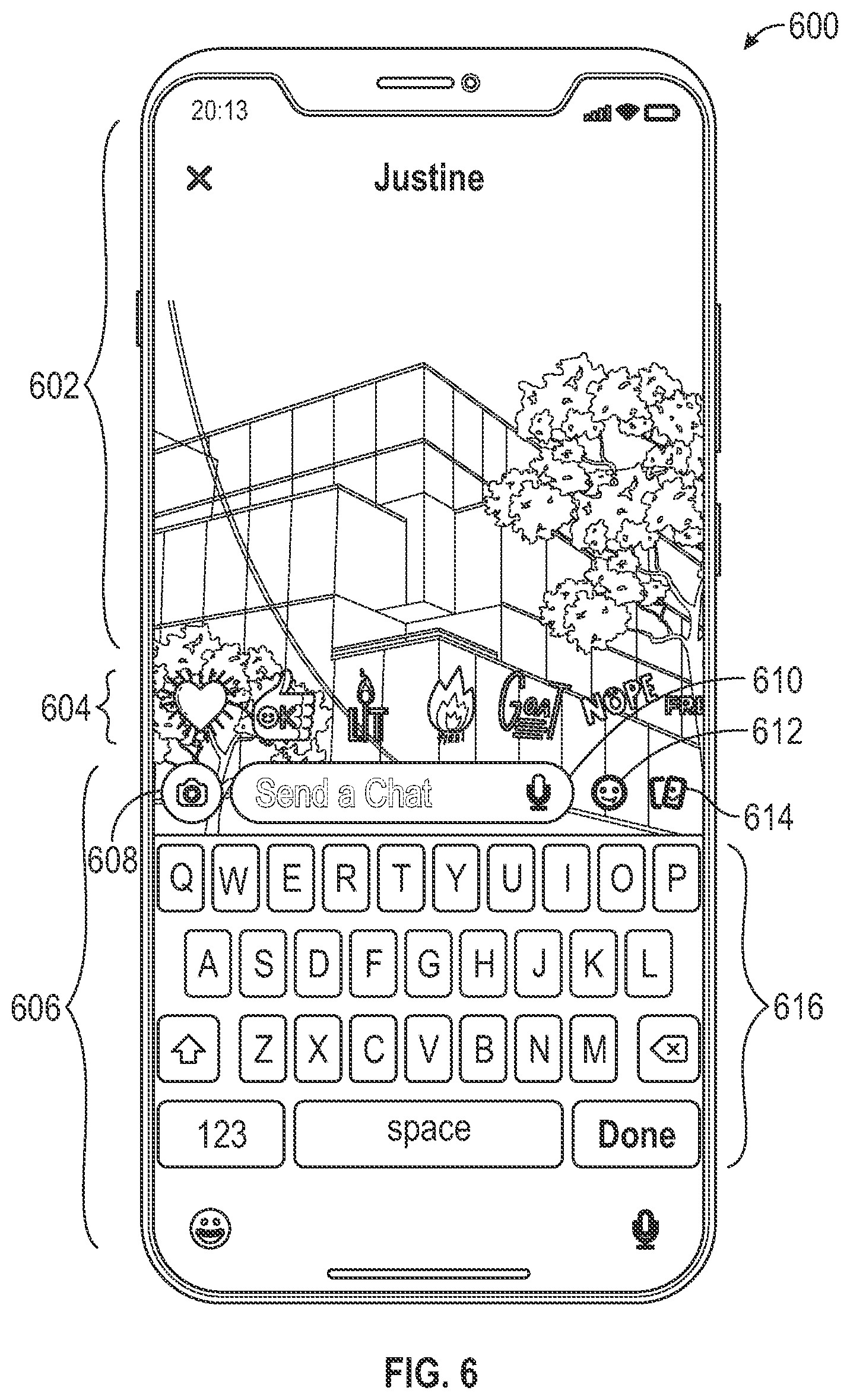 Patent US12348468 Figure 6 – Reply interface with selectable stickers for messaging system