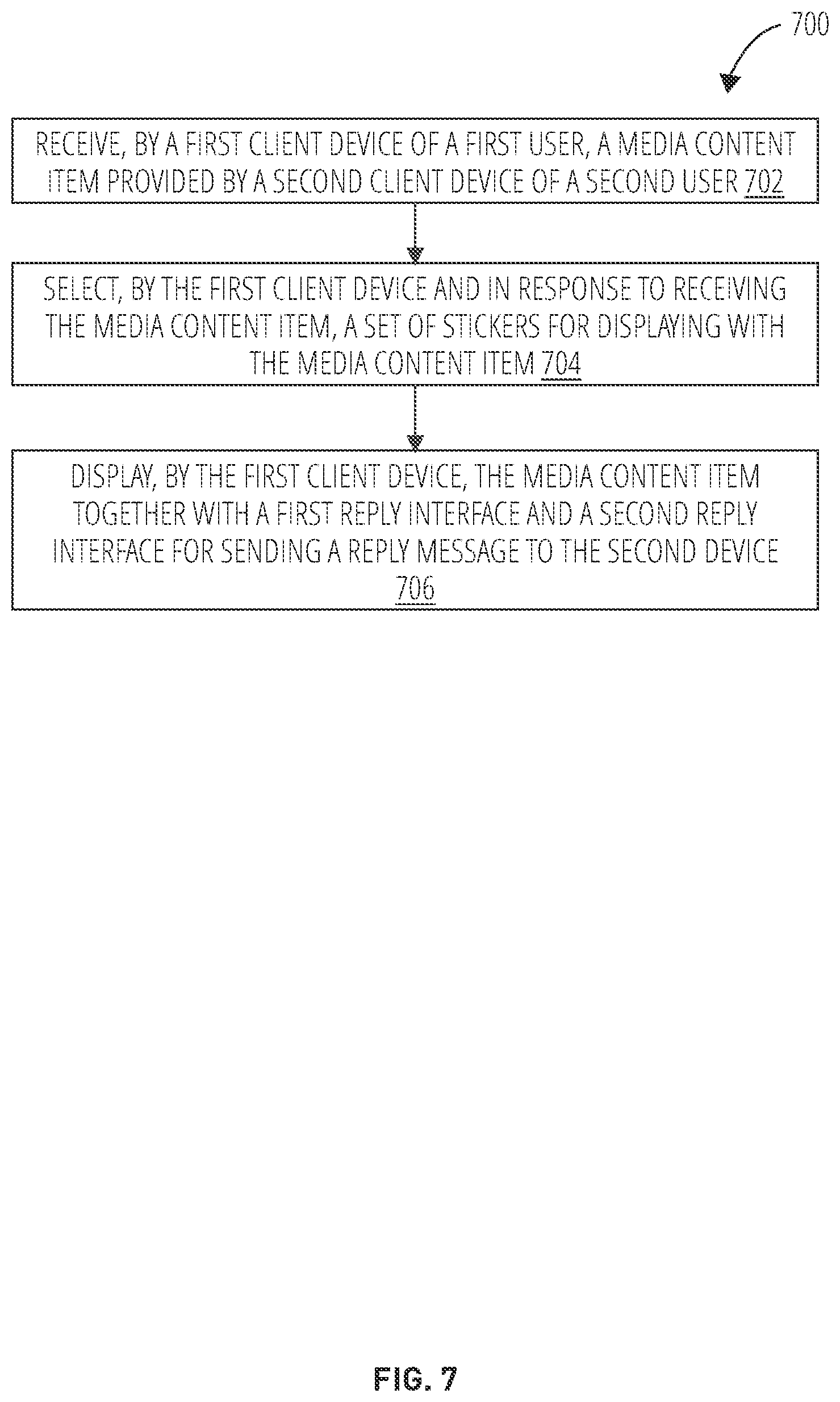 Patent US12348468 Figure 7 – Reply interface with selectable stickers for messaging system