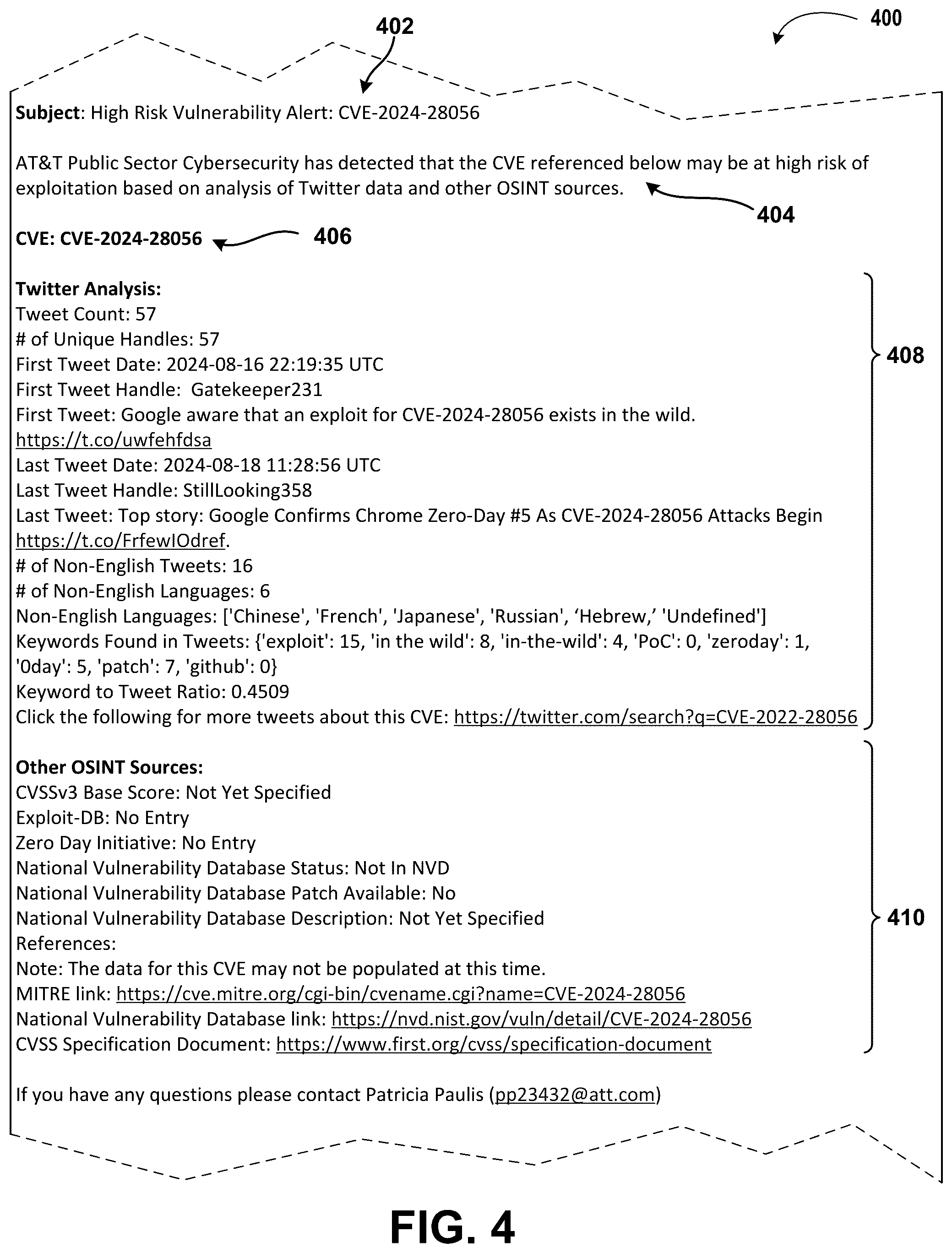 Patent US12348550 Figure 4 – Predicting and using threat levels for cyber threats using data from public data sources