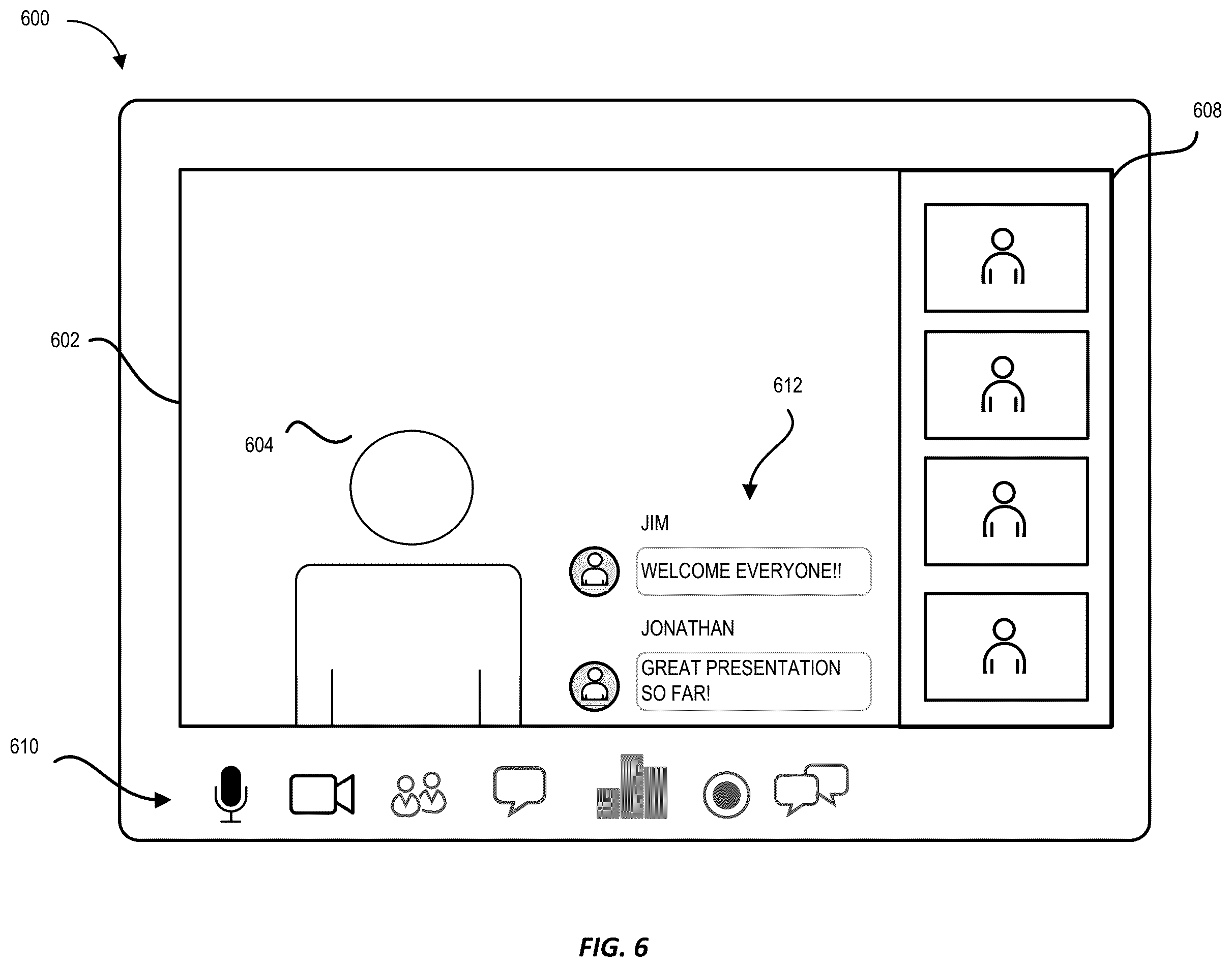 Patent US12348574 Figure 6 – Chat overlay in video conferences