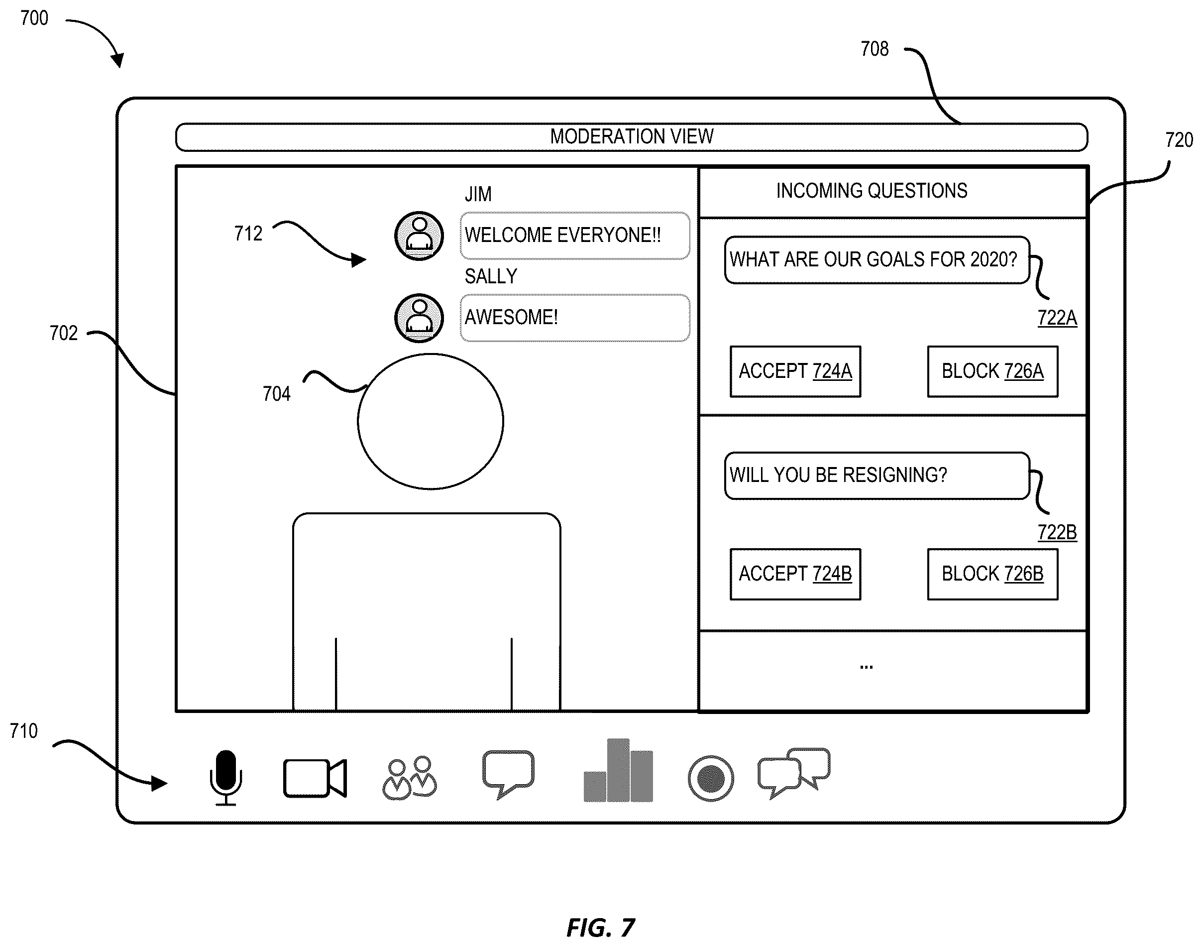 Patent US12348574 Figure 7 – Chat overlay in video conferences