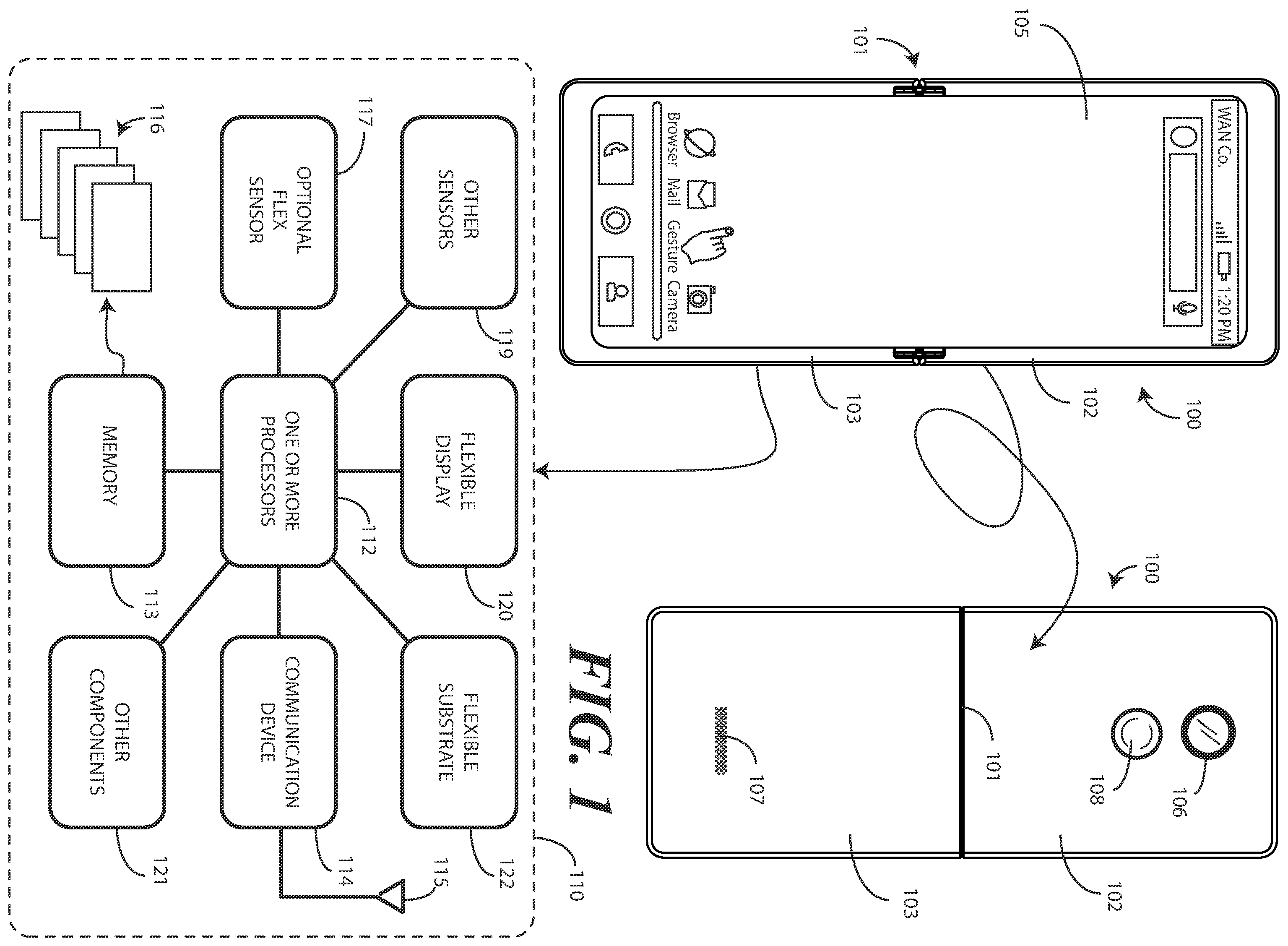 Patent US12348657 Figure 1 – Hinged electronic device with flexible substrate having dynamic regions defining one or more apertures