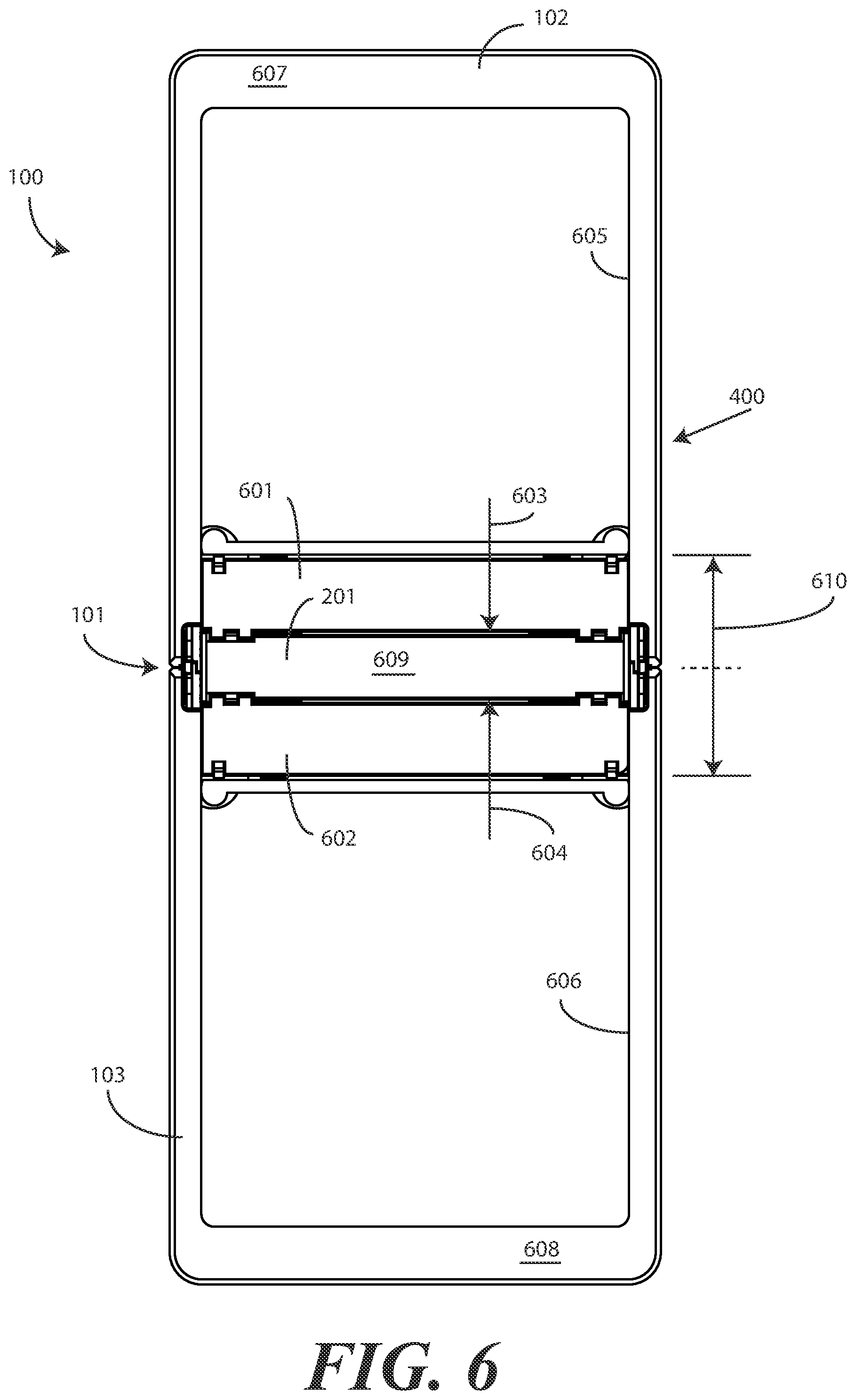 Patent US12348657 Figure 4 – Hinged electronic device with flexible substrate having dynamic regions defining one or more apertures