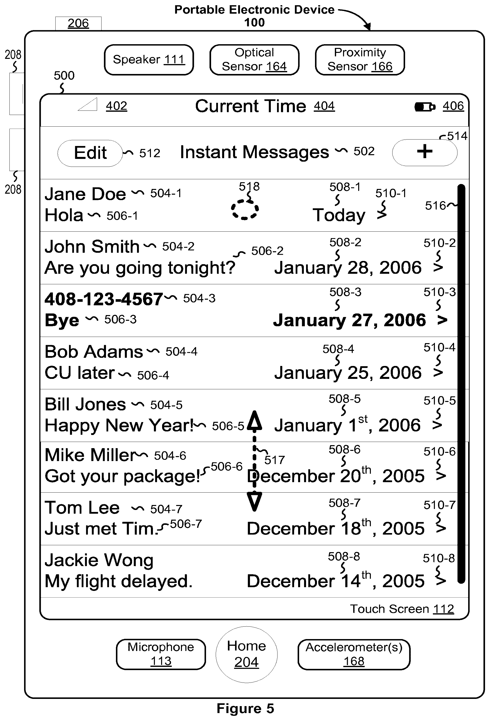 Patent US12348663 Figure 6 – Portable electronic device with conversation management for incoming instant messages