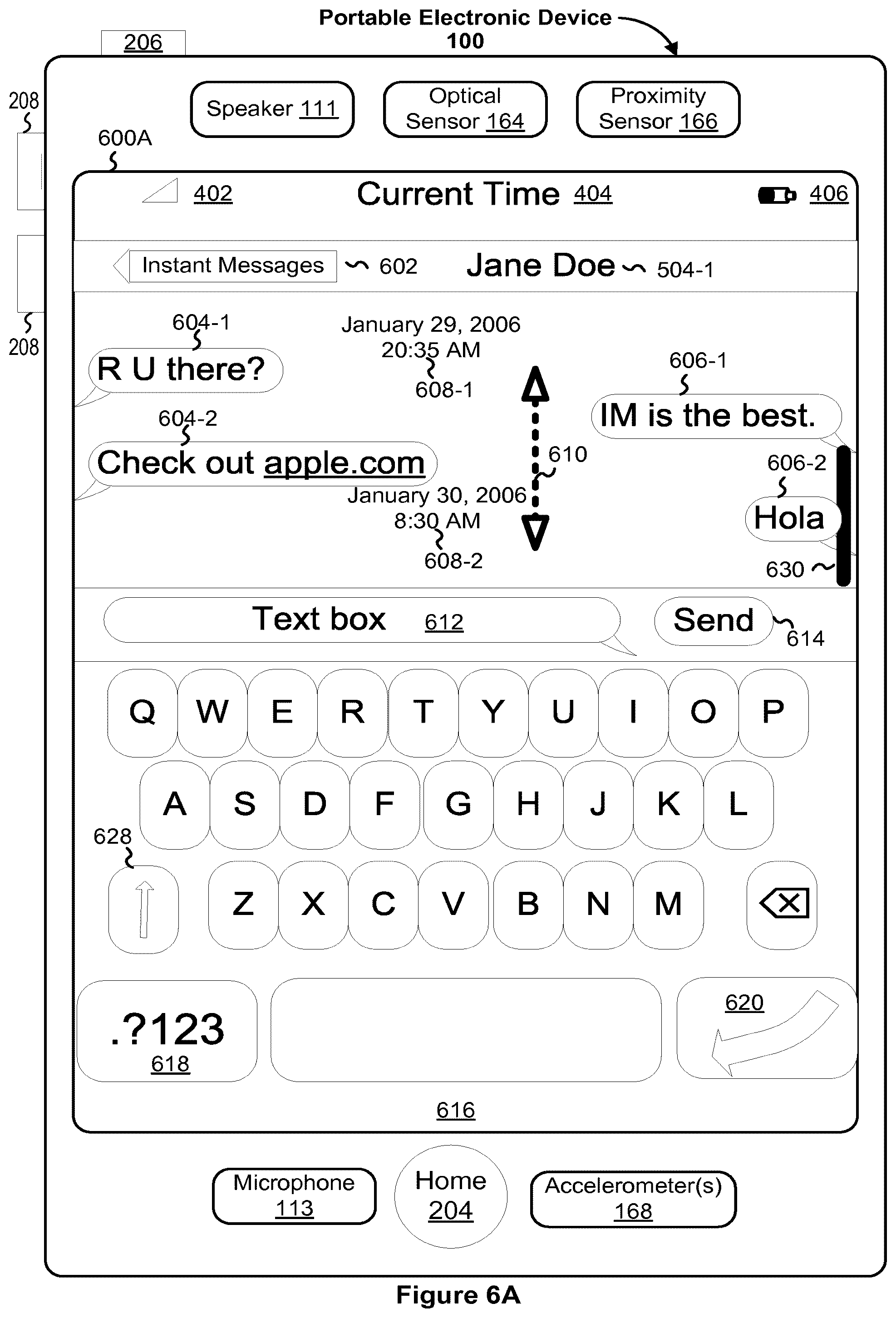 Patent US12348663 Figure 7 – Portable electronic device with conversation management for incoming instant messages