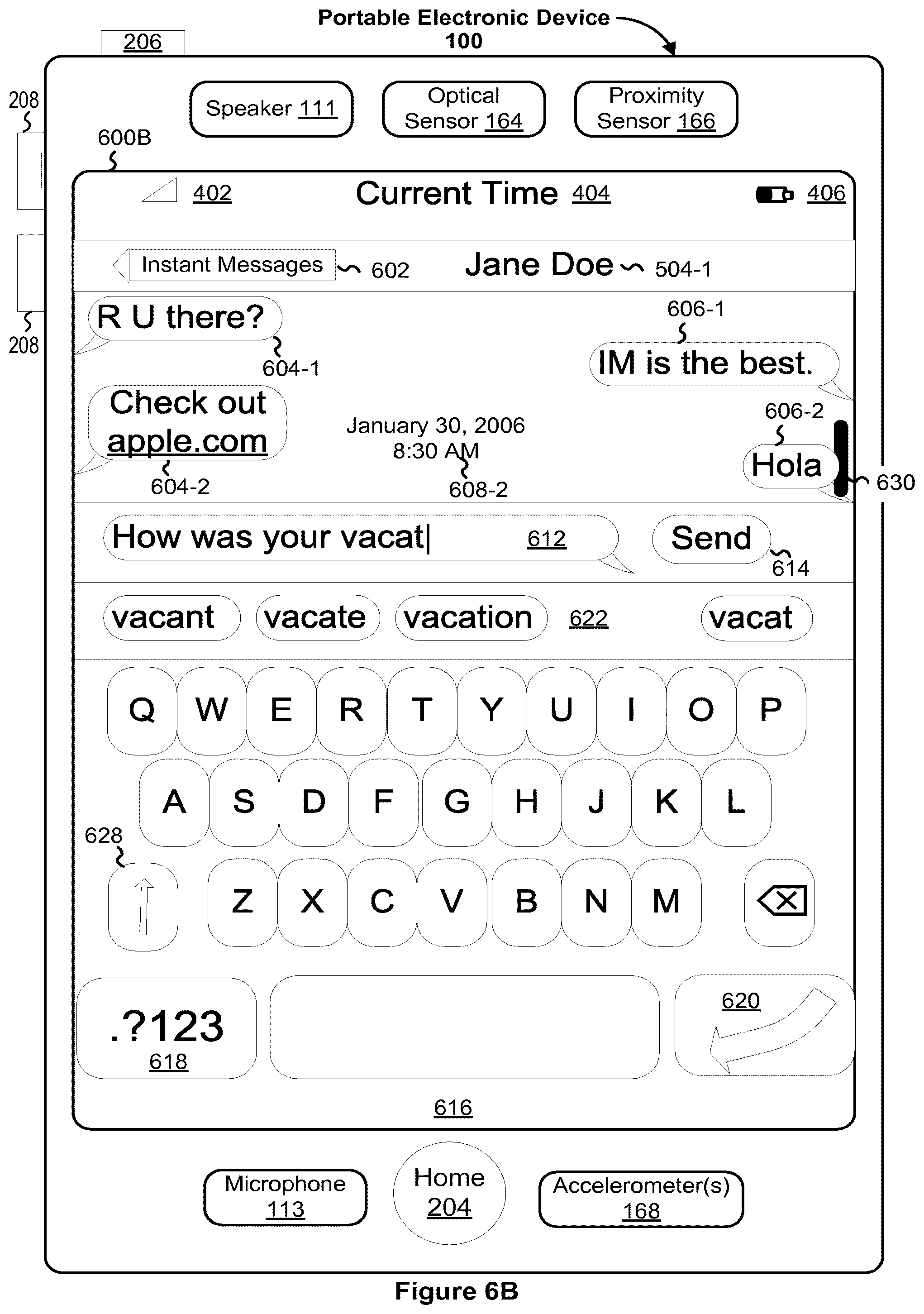 Patent US12348663 Figure 8 – Portable electronic device with conversation management for incoming instant messages