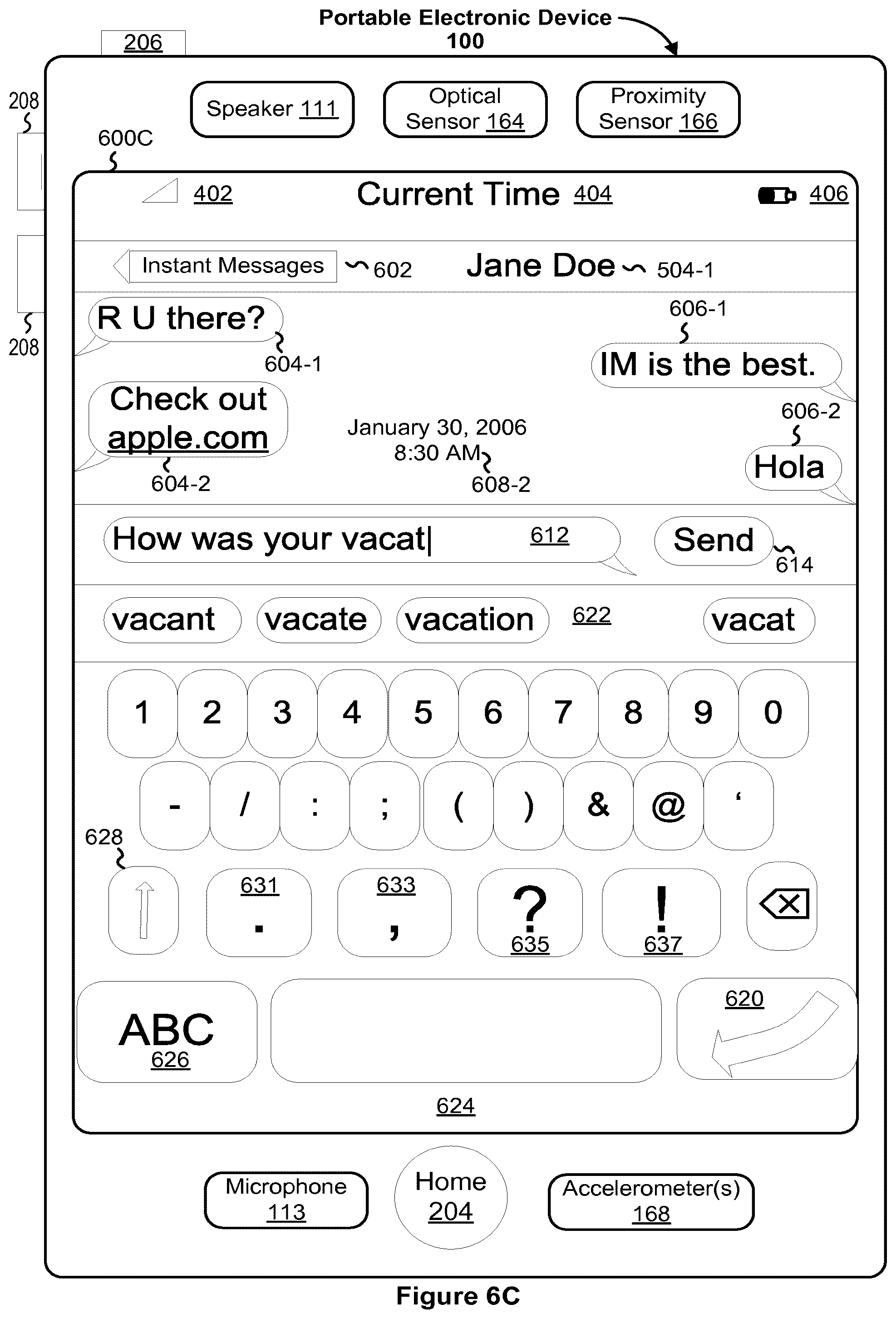 Patent US12348663 Figure 9 – Portable electronic device with conversation management for incoming instant messages
