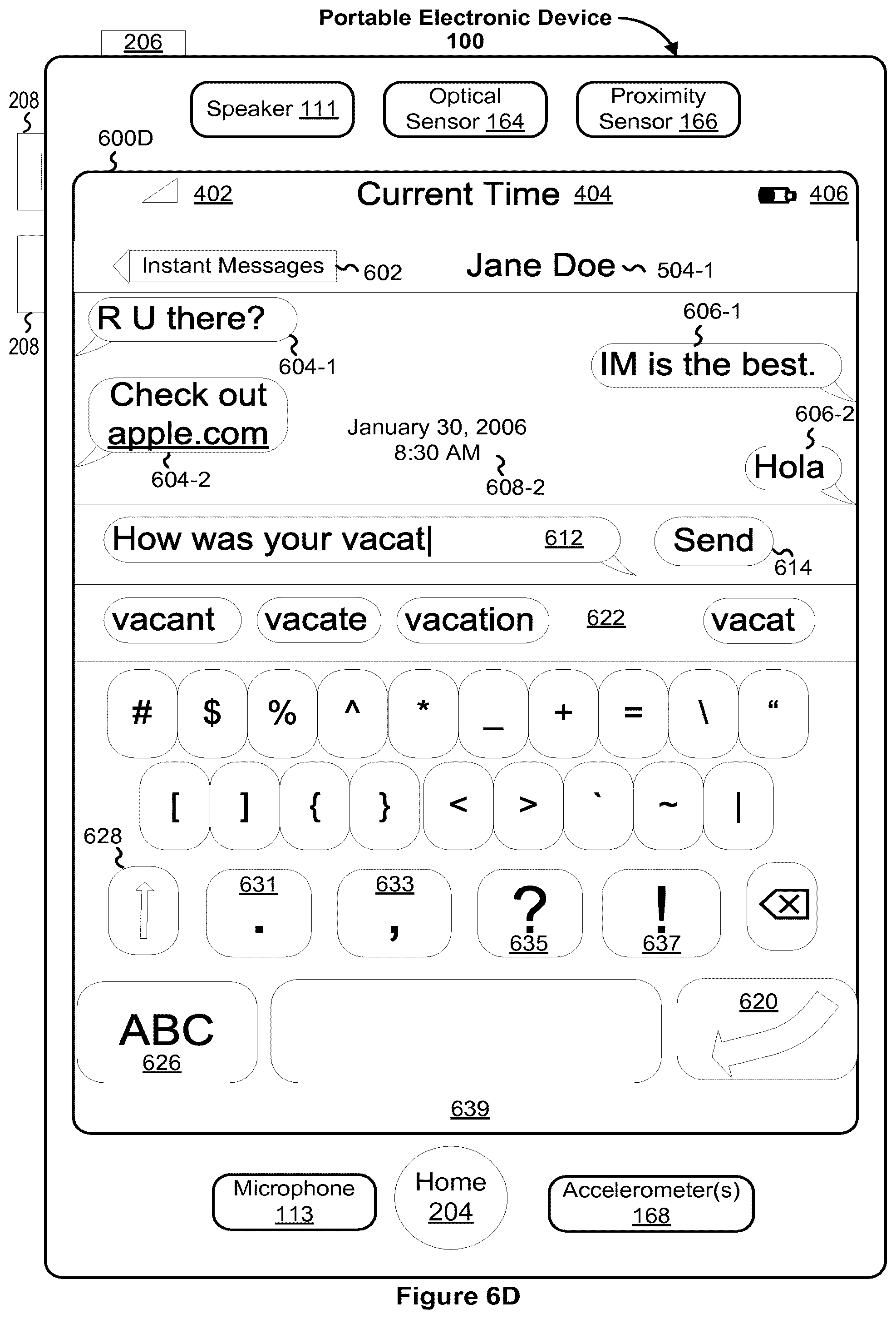 Patent US12348663 Figure 10 – Portable electronic device with conversation management for incoming instant messages