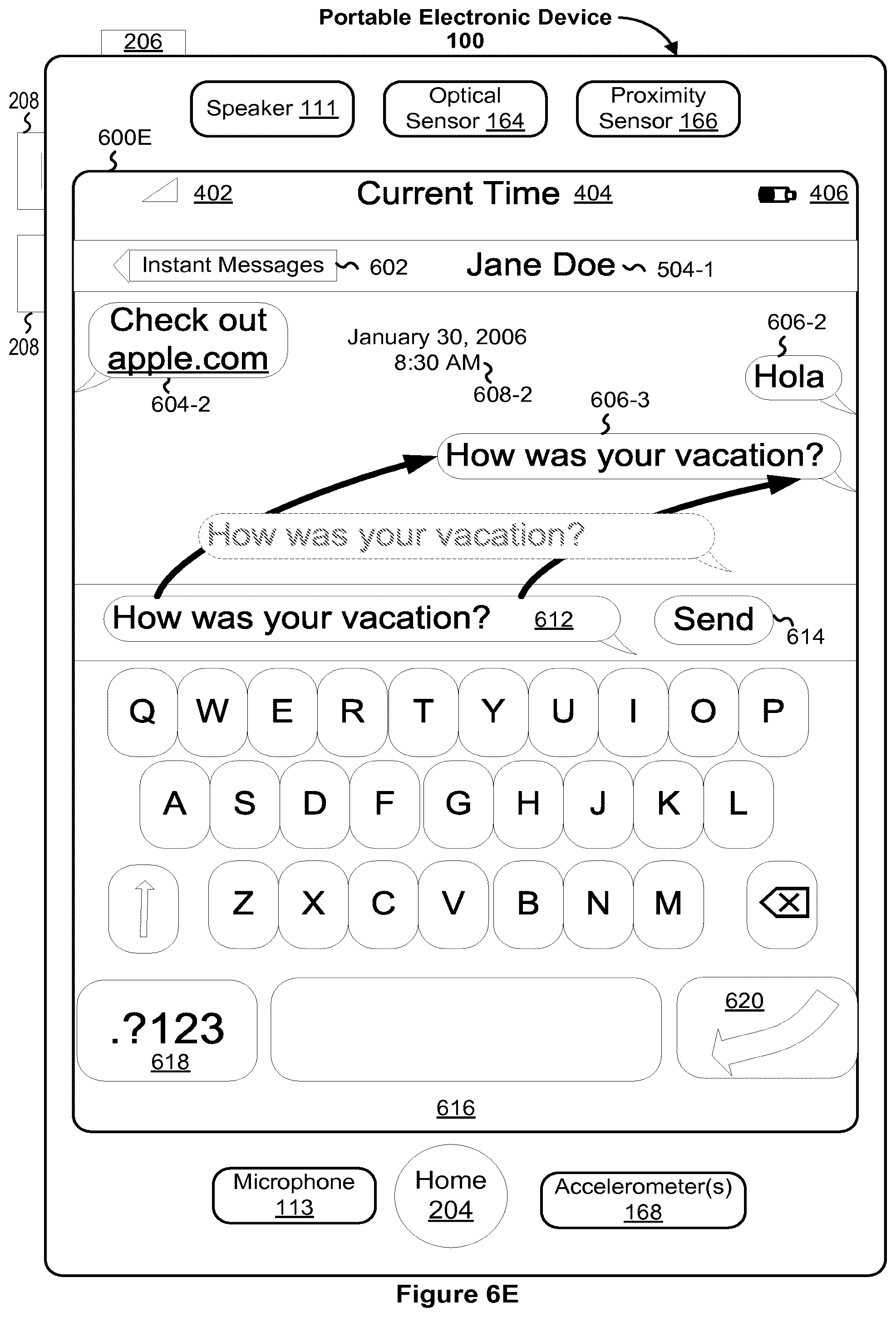 Patent US12348663 Figure 11 – Portable electronic device with conversation management for incoming instant messages