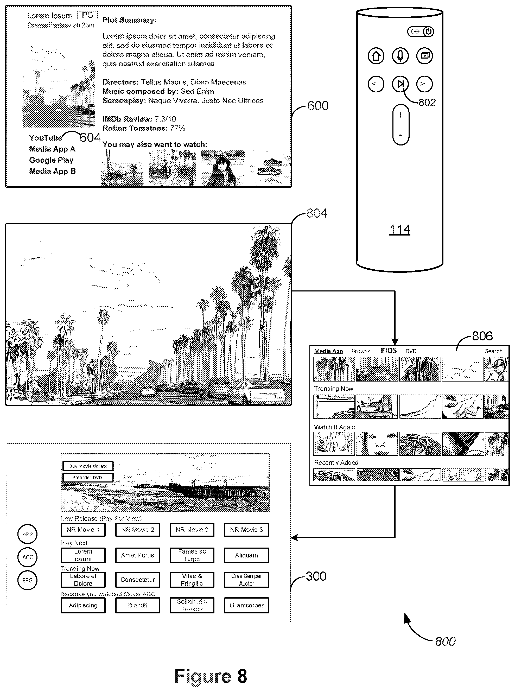 Patent US12348827 Figure 8 – Network-connected television devices with knowledge-based media content recommendations and unified user interfaces that present upcoming media content