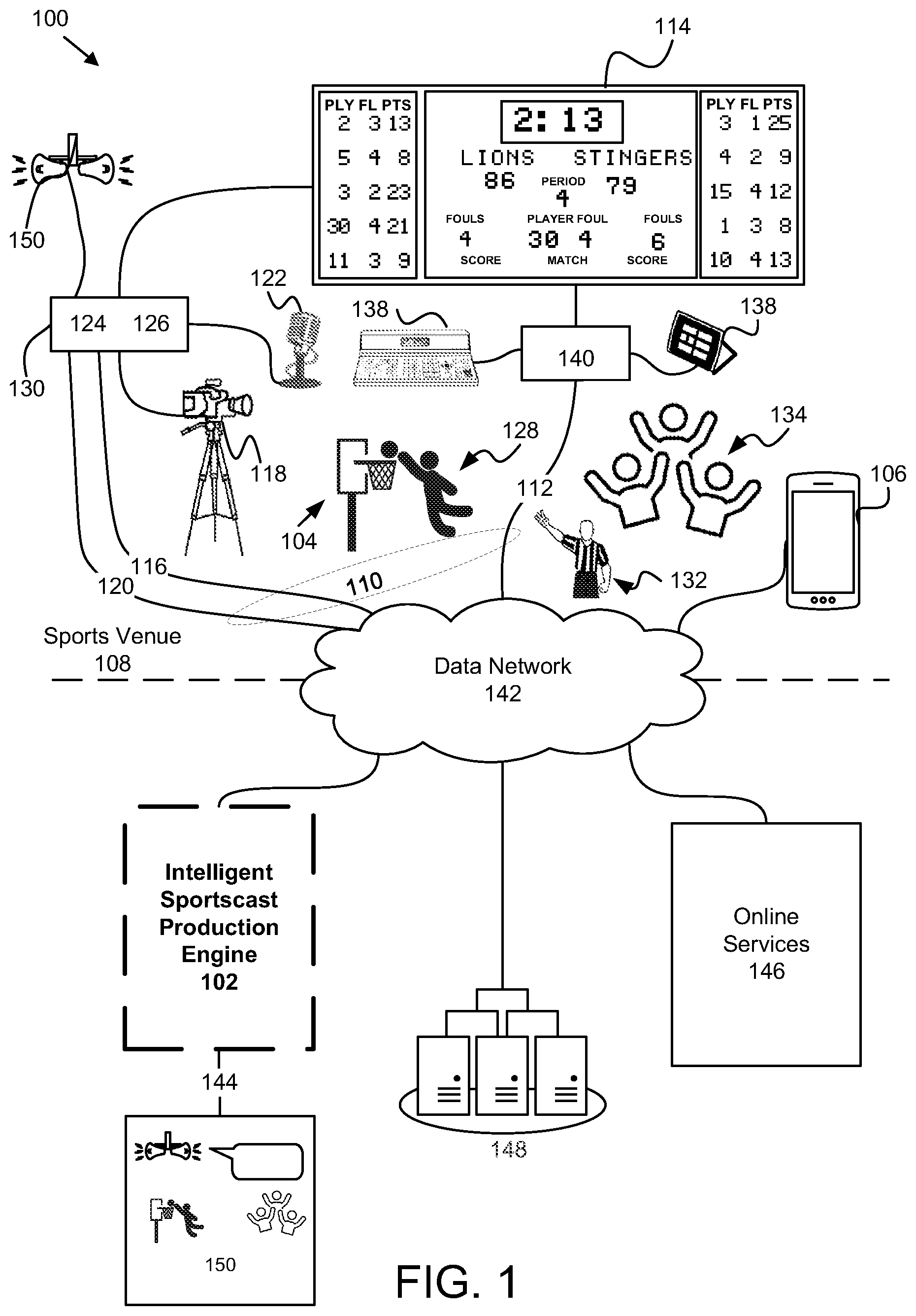Patent US12348839 Figure 1 – Intelligent media production for enhanced streaming of a live sporting event