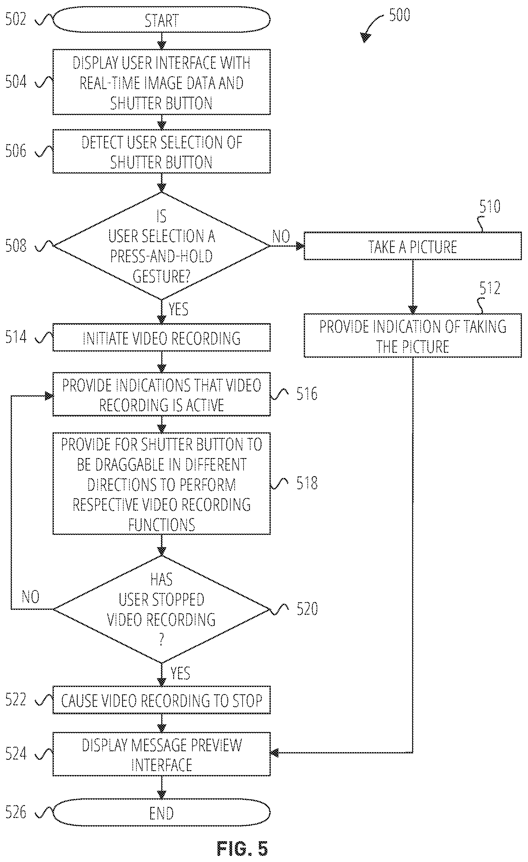 Patent US12348855 Figure 5 – Providing draggable shutter button during video recording
