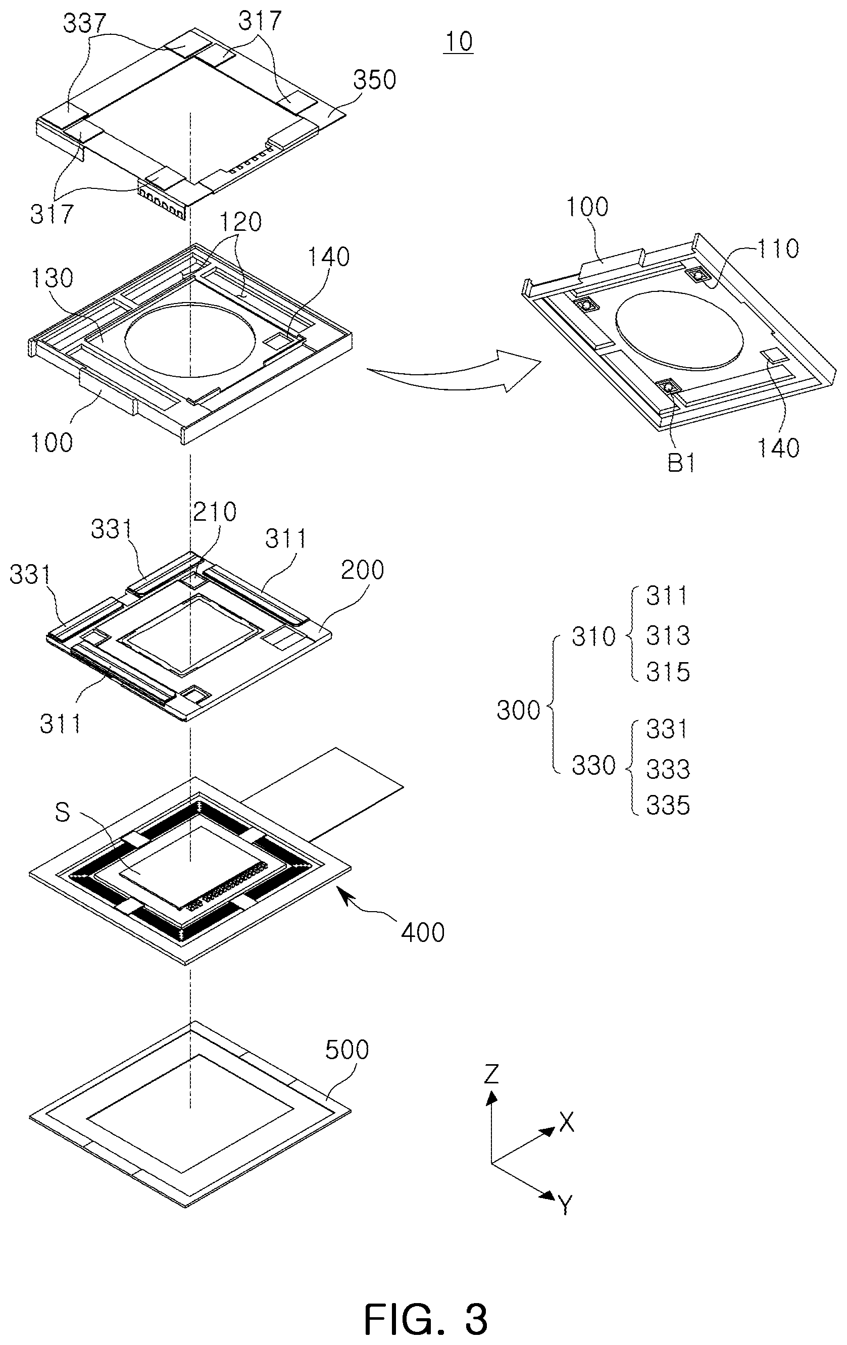 Patent US12348868 Figure 3 – Camera module actuator for optical image stabilization with movable image sensor