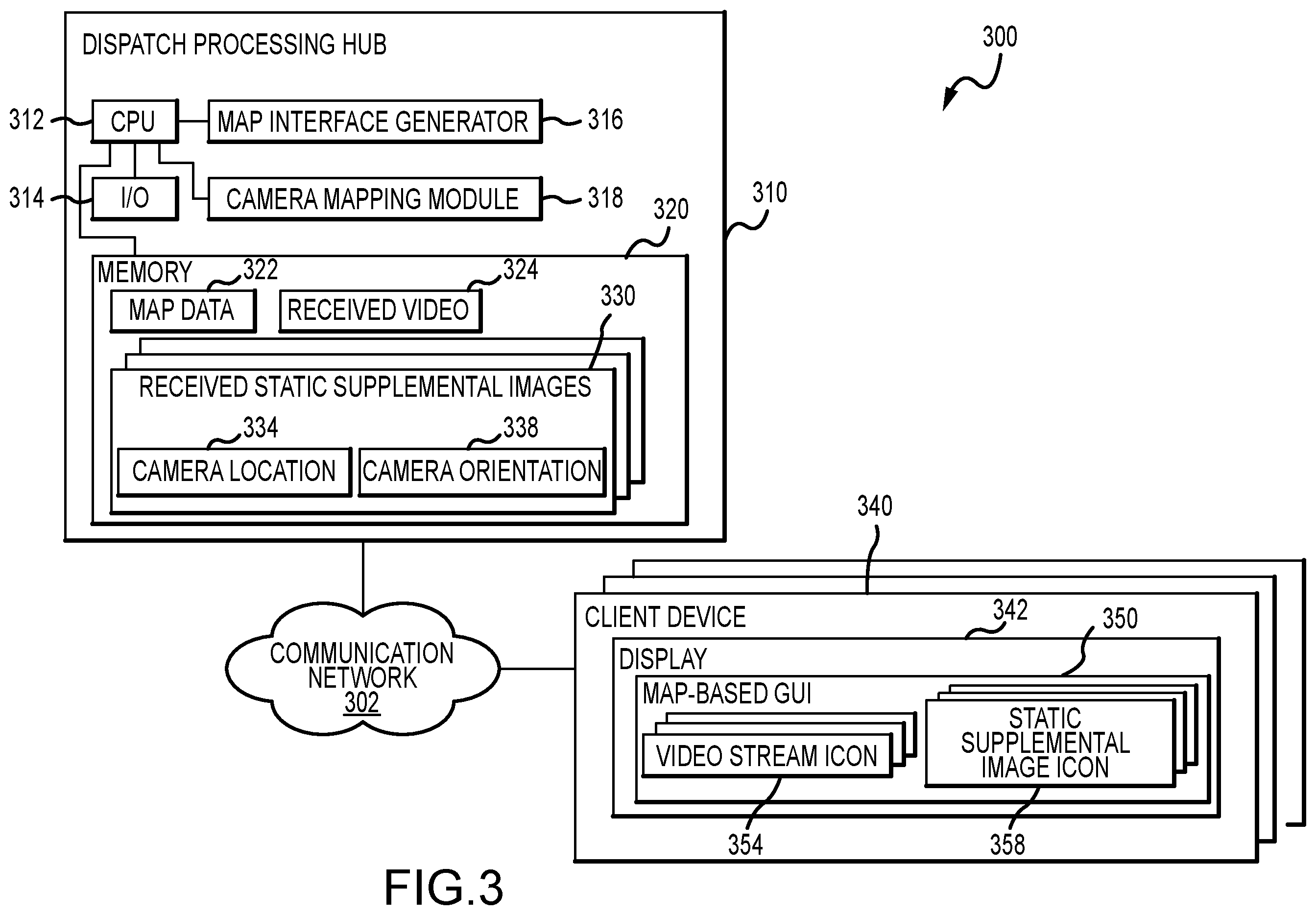 Patent US12348906 Figure 3 – Emergency dispatch system with video security camera feeds augmented by 360-degree static images