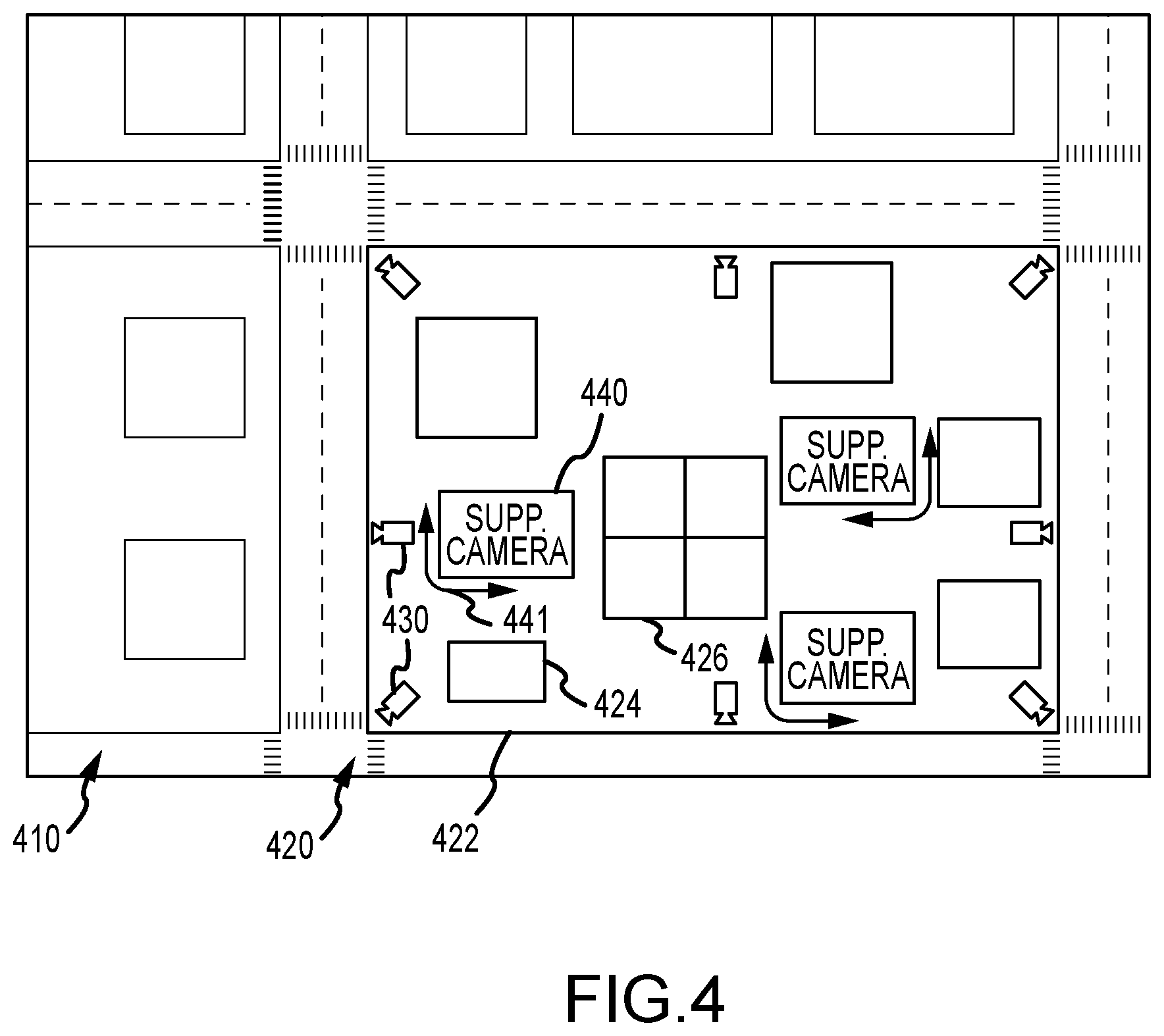 Patent US12348906 Figure 4 – Emergency dispatch system with video security camera feeds augmented by 360-degree static images