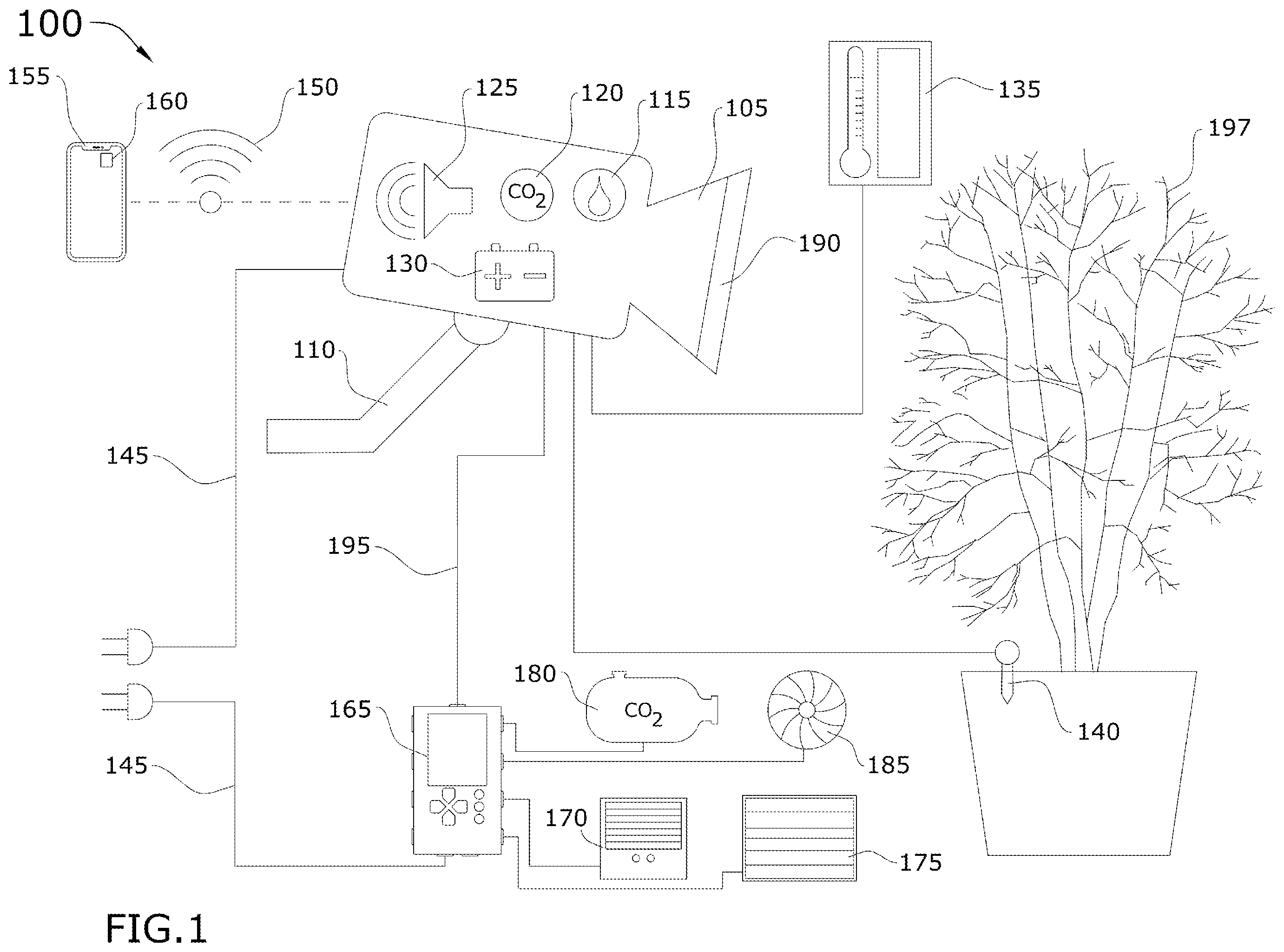 Patent US12348909 Figure 1 – Horticulture time lapse camera photo and sensor data capture system configured to capture time-lapsed photos and corresponding time-lapse series of sensor data for user onsite and remote timeline playback and control