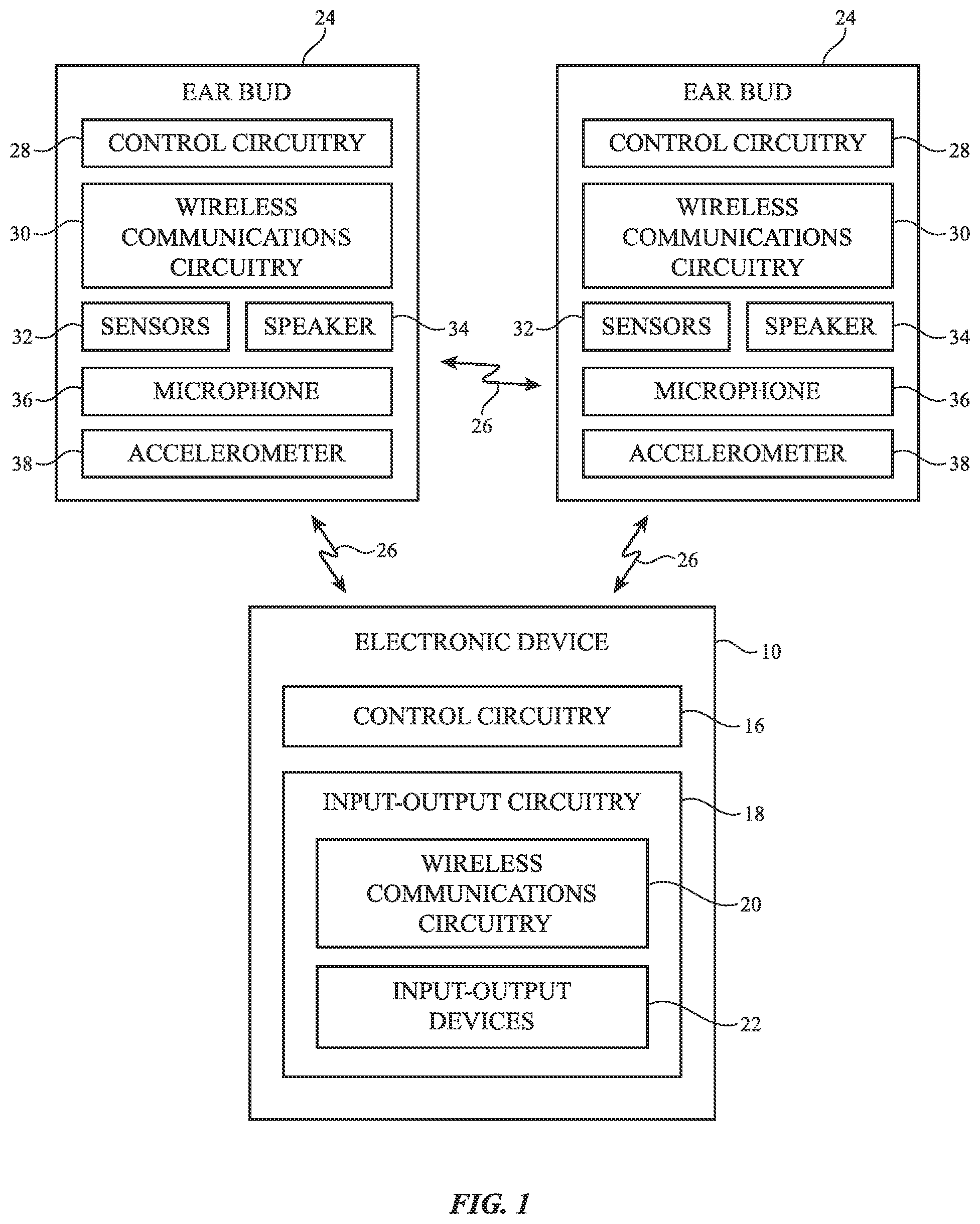 Patent US12348924 — Wireless ear buds with proximity sensors — Figure 1