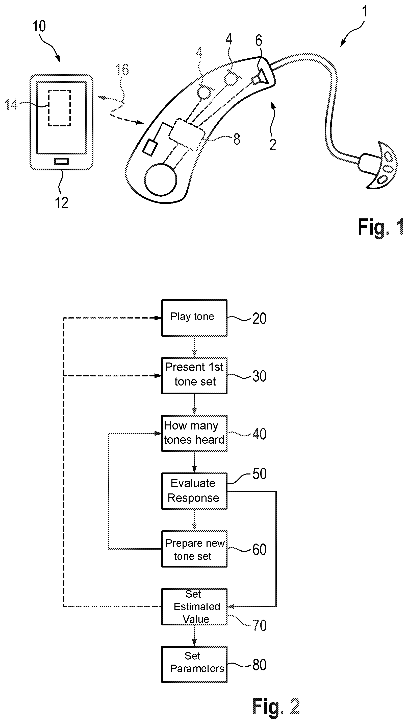 Patent US12350038 Figure 1 – Method for determining the auditory threshold of a test subject, hearing aid system, method for setting hearing aid parameters and computer readable medium for performing the method