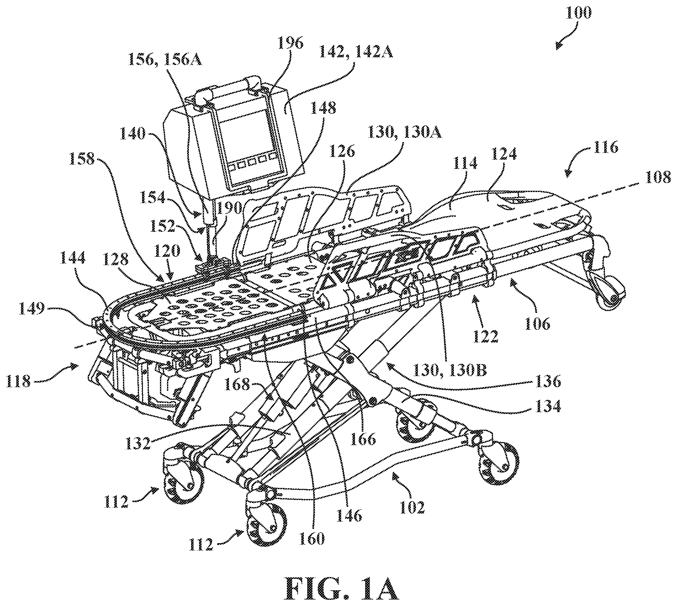 Patent US12350075 Figure 1 – Patient support apparatus with support assembly for medical device