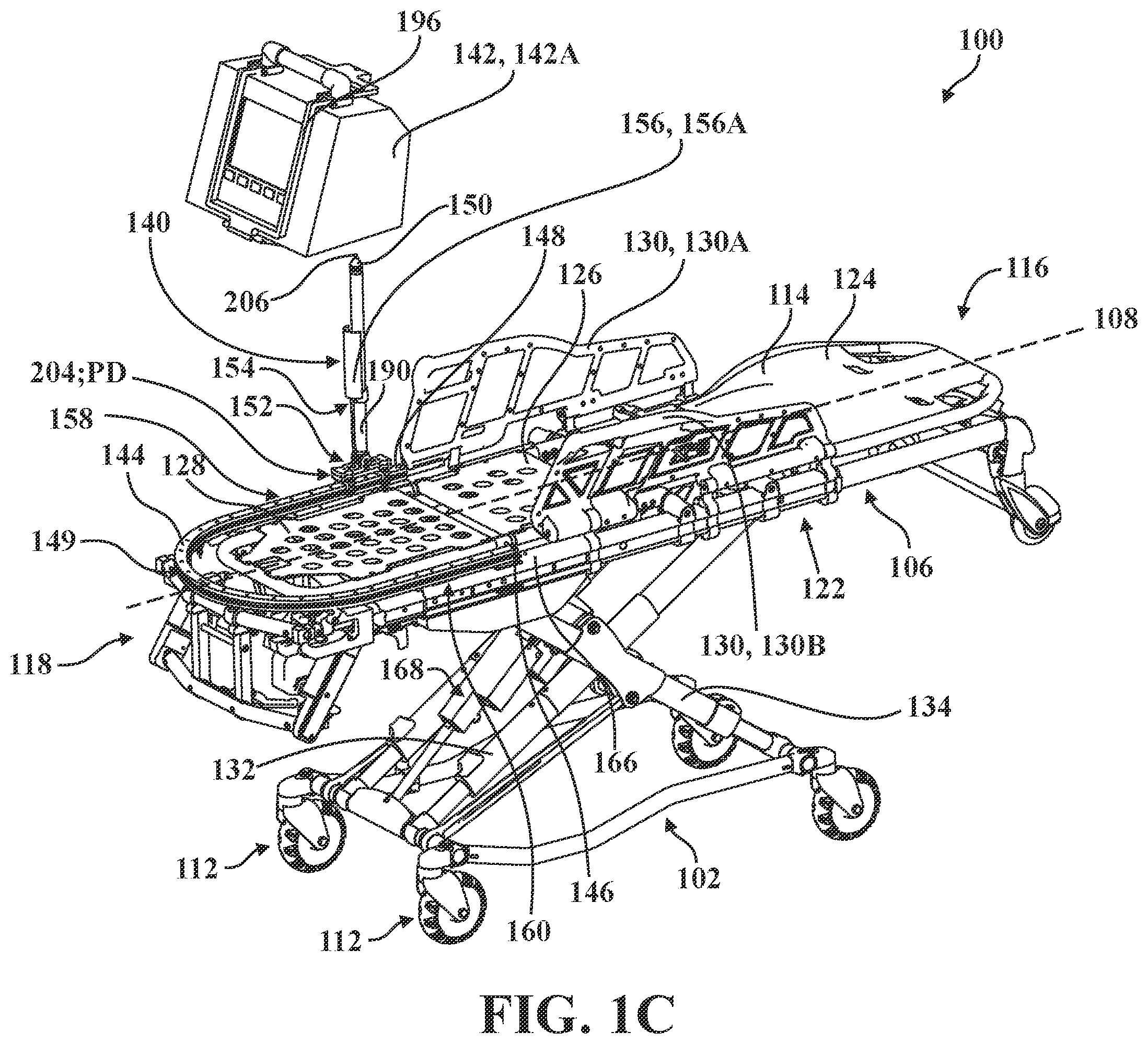 Patent US12350075 Figure 3 – Patient support apparatus with support assembly for medical device