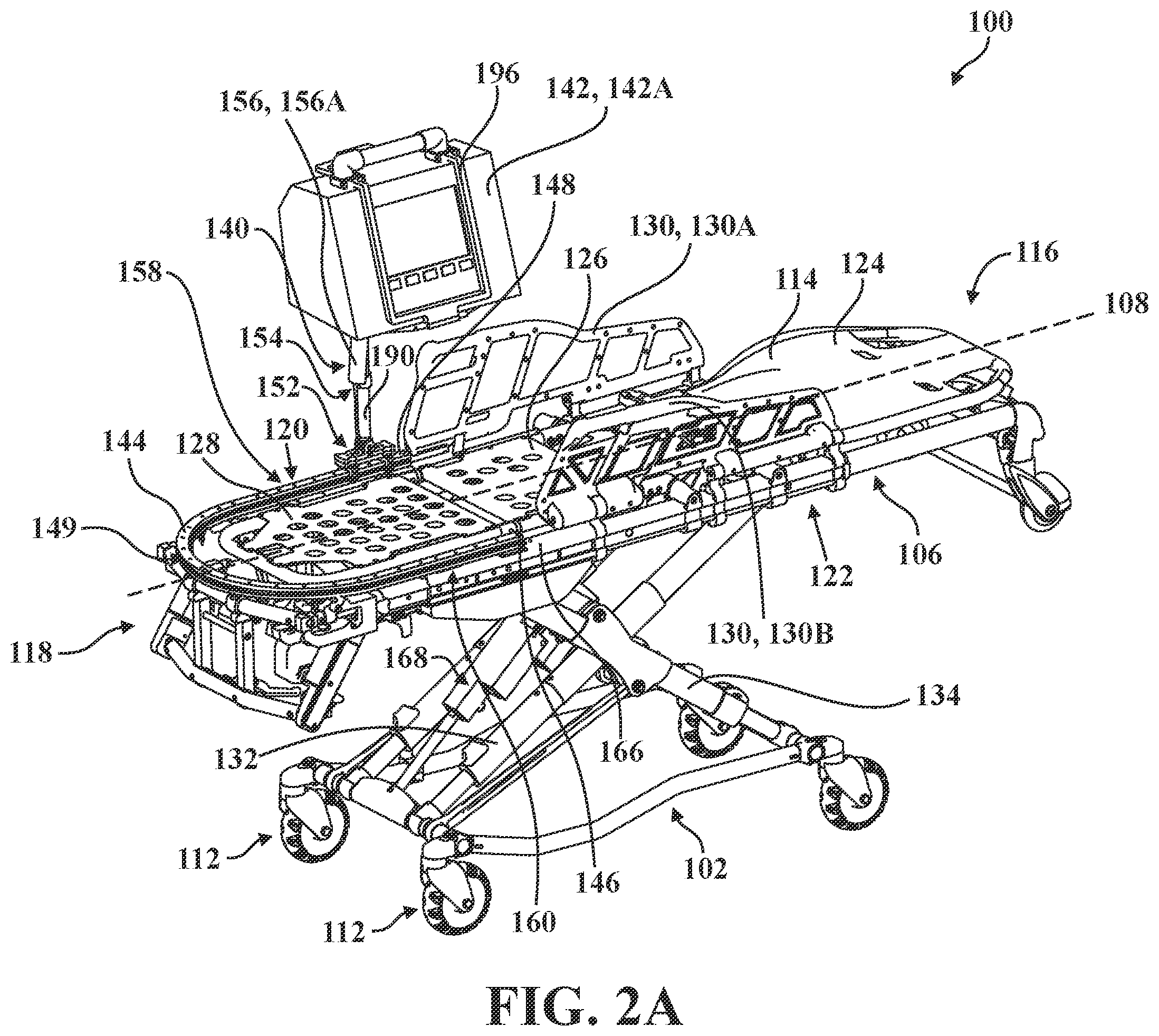 Patent US12350075 Figure 5 – Patient support apparatus with support assembly for medical device