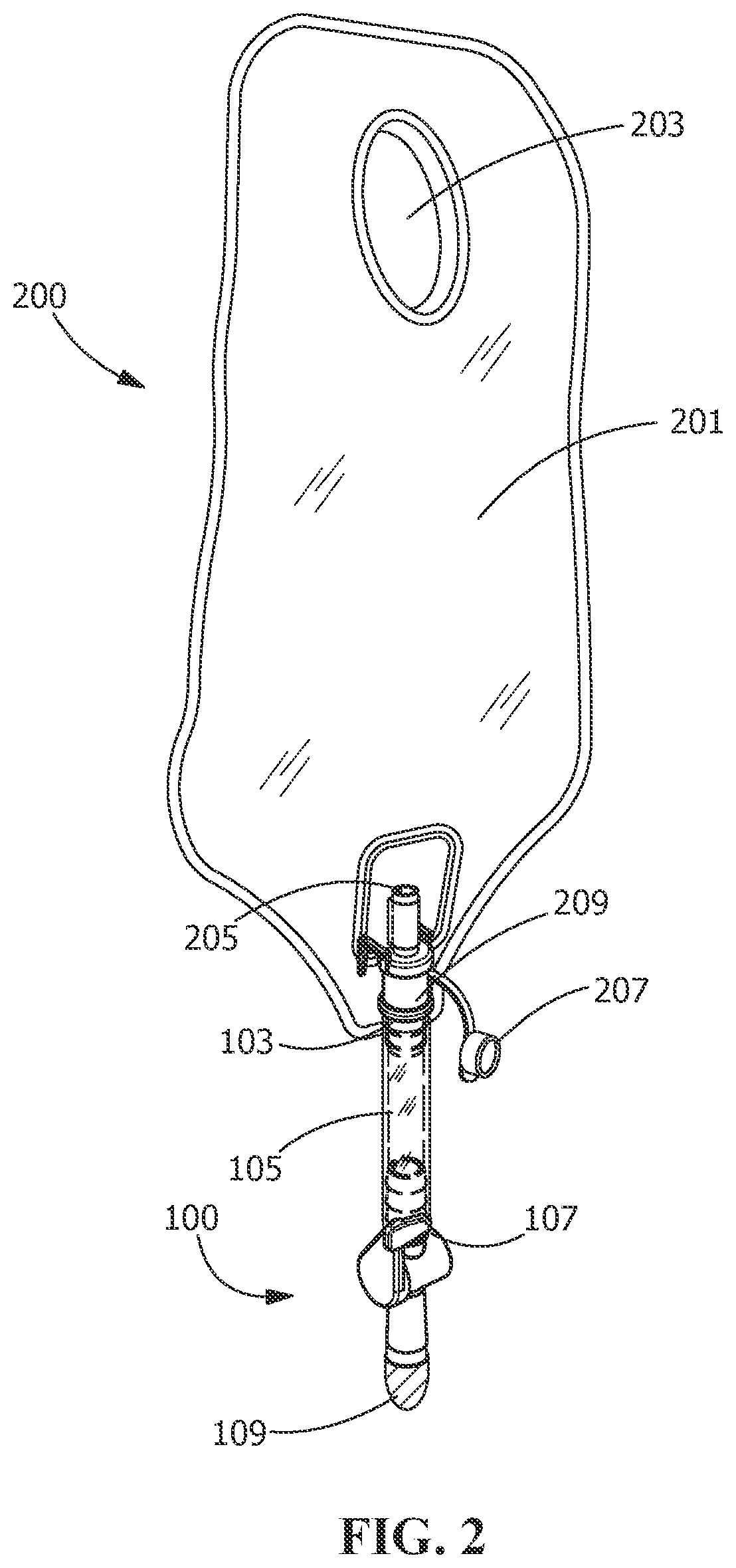Patent US12350188 Figure 2 – Drain asembly for elimination of urine waste from an ostomy bag