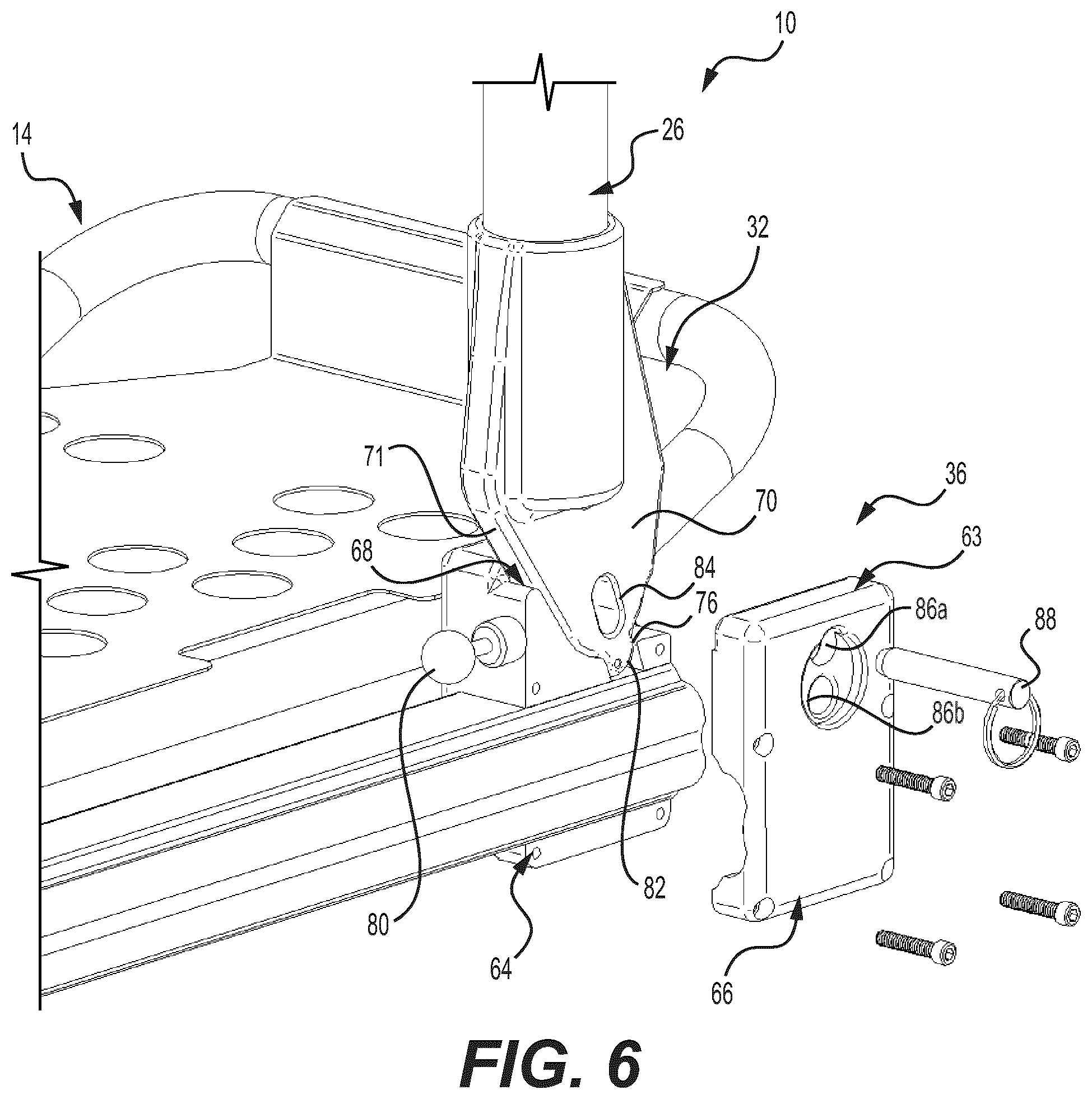 Patent US12350201 Figure 6 – Mounting apparatus for securing equipment to a patient transport system
