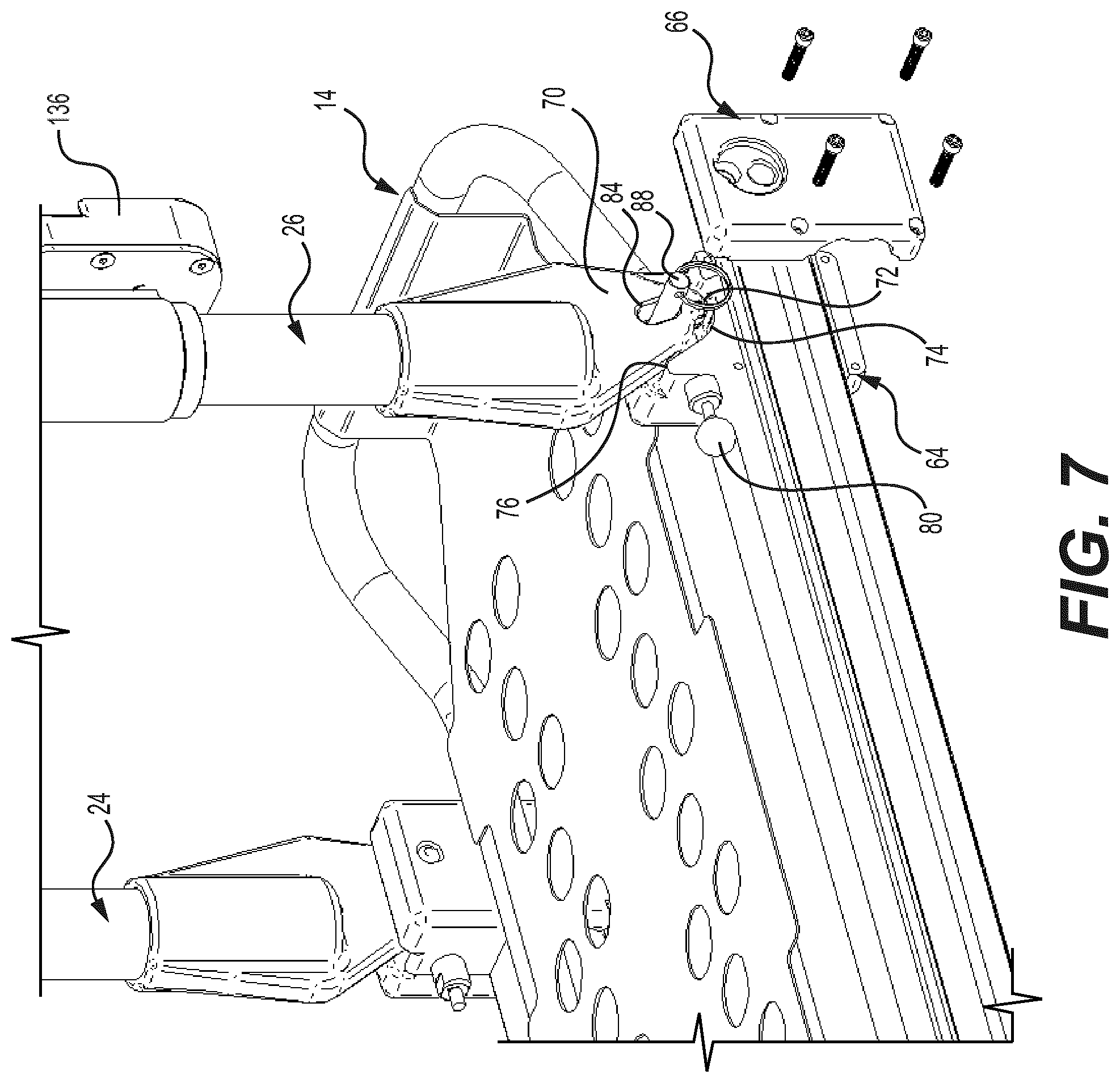 Patent US12350201 Figure 7 – Mounting apparatus for securing equipment to a patient transport system