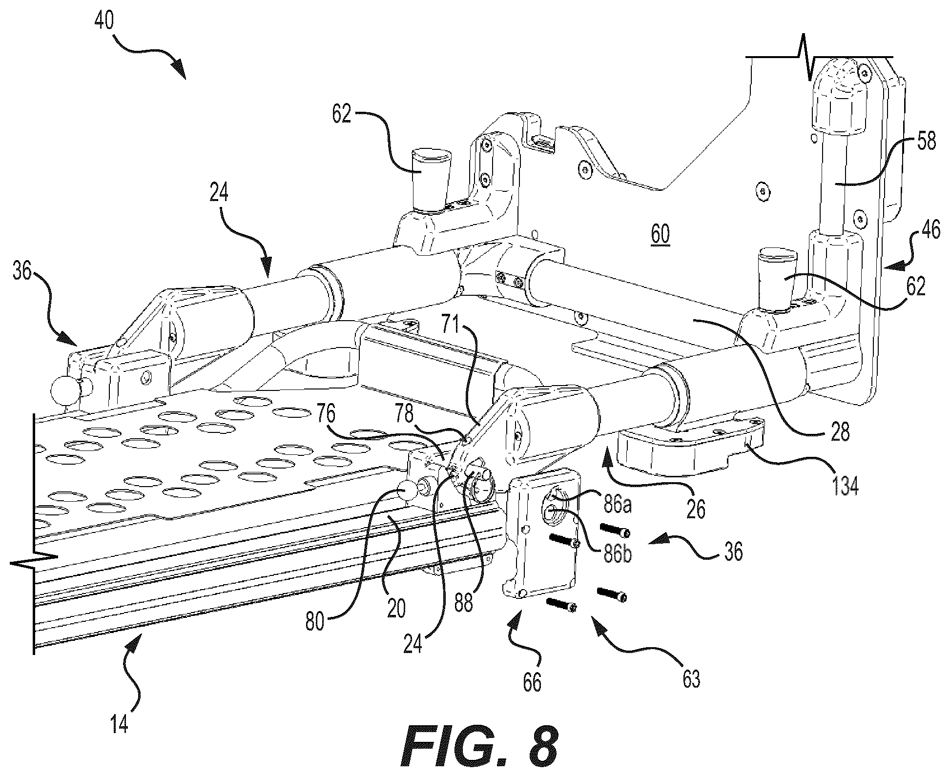 Patent US12350201 Figure 8 – Mounting apparatus for securing equipment to a patient transport system