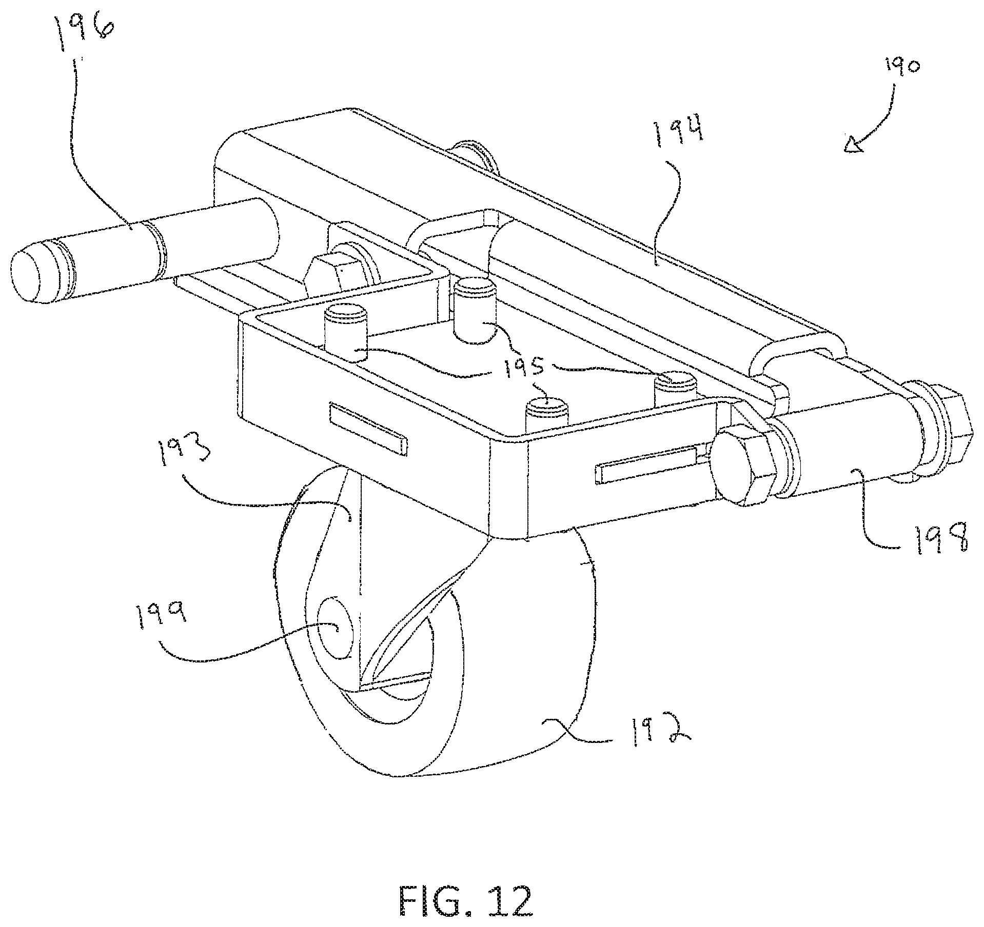 Patent US12350202 Figure 13 – Medical examination table with retractable moving wheels