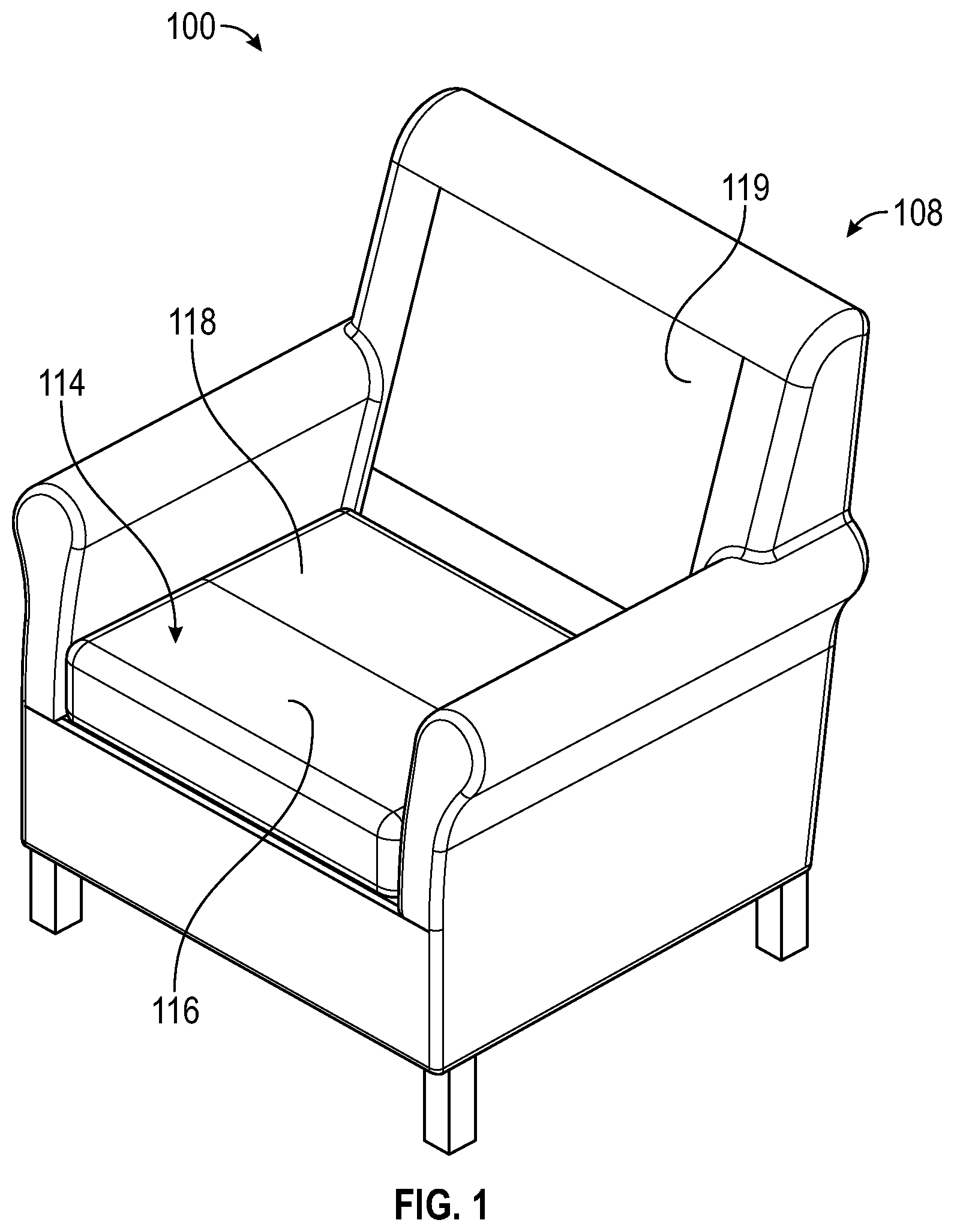 Patent US12350207 Figure 1 – Lifting mechanism and chairs