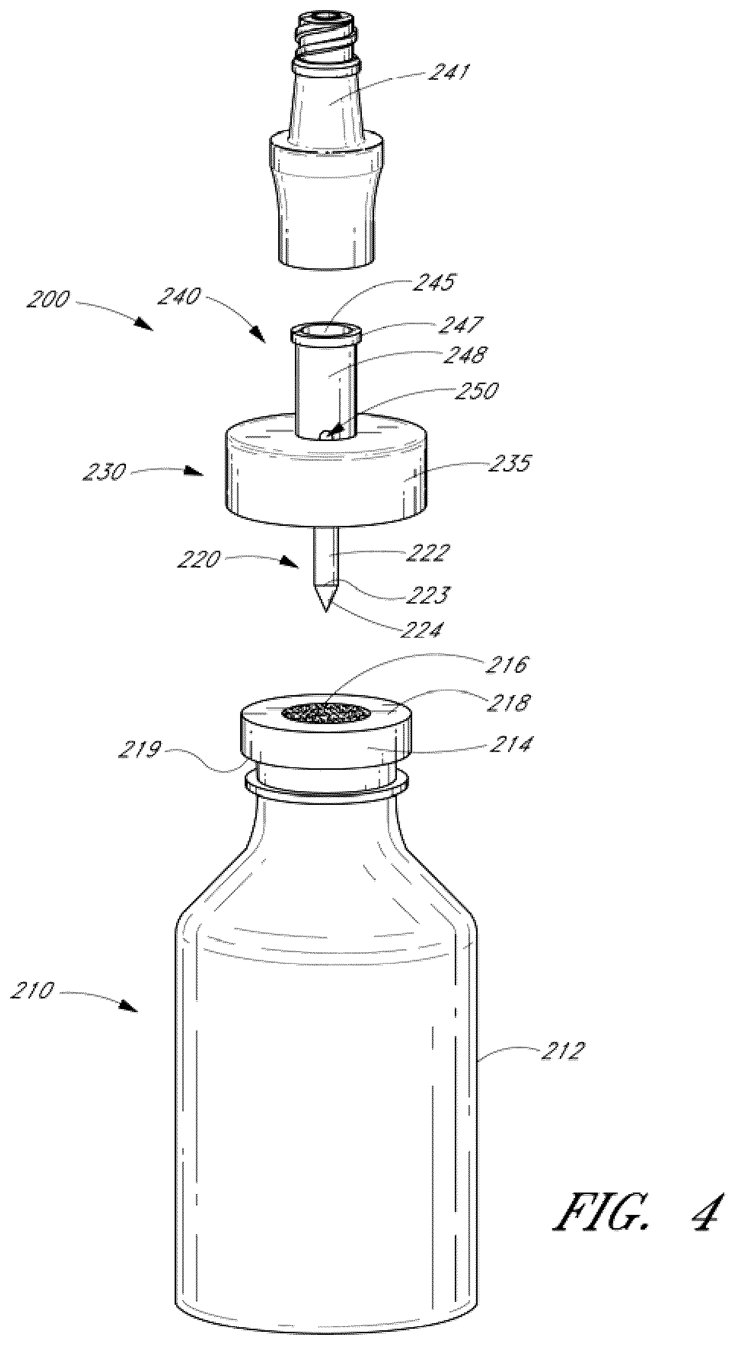Patent US12350234 Figure 4 – Devices for accessing medicinal fluid from a container