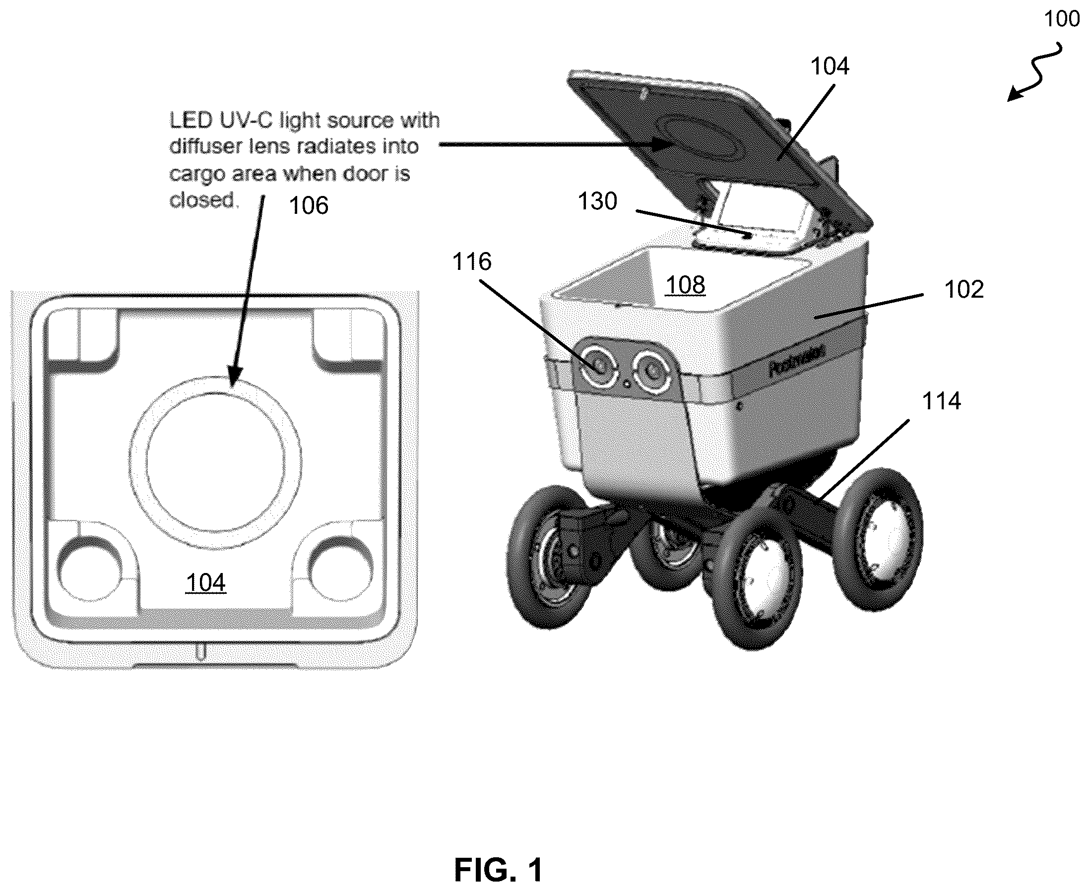 Patent US12350392 — Self sanitizing storage of a delivery robot — Figure 1