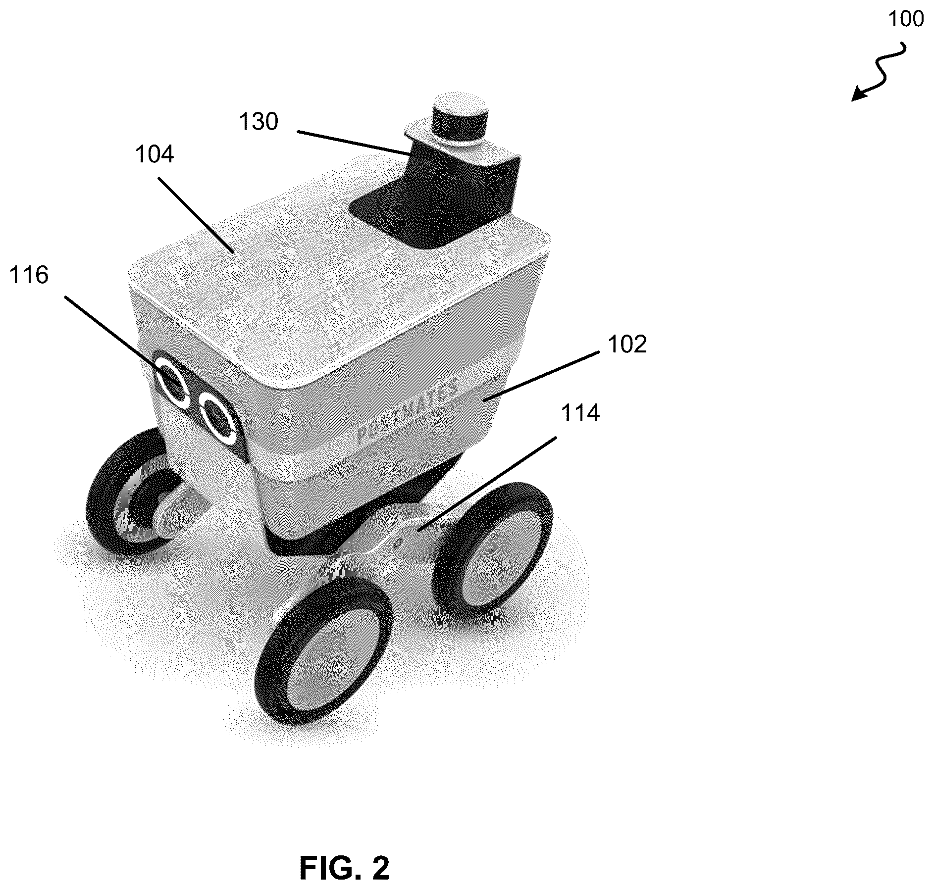 Patent US12350392 Figure 2 – Self sanitizing storage of a delivery robot