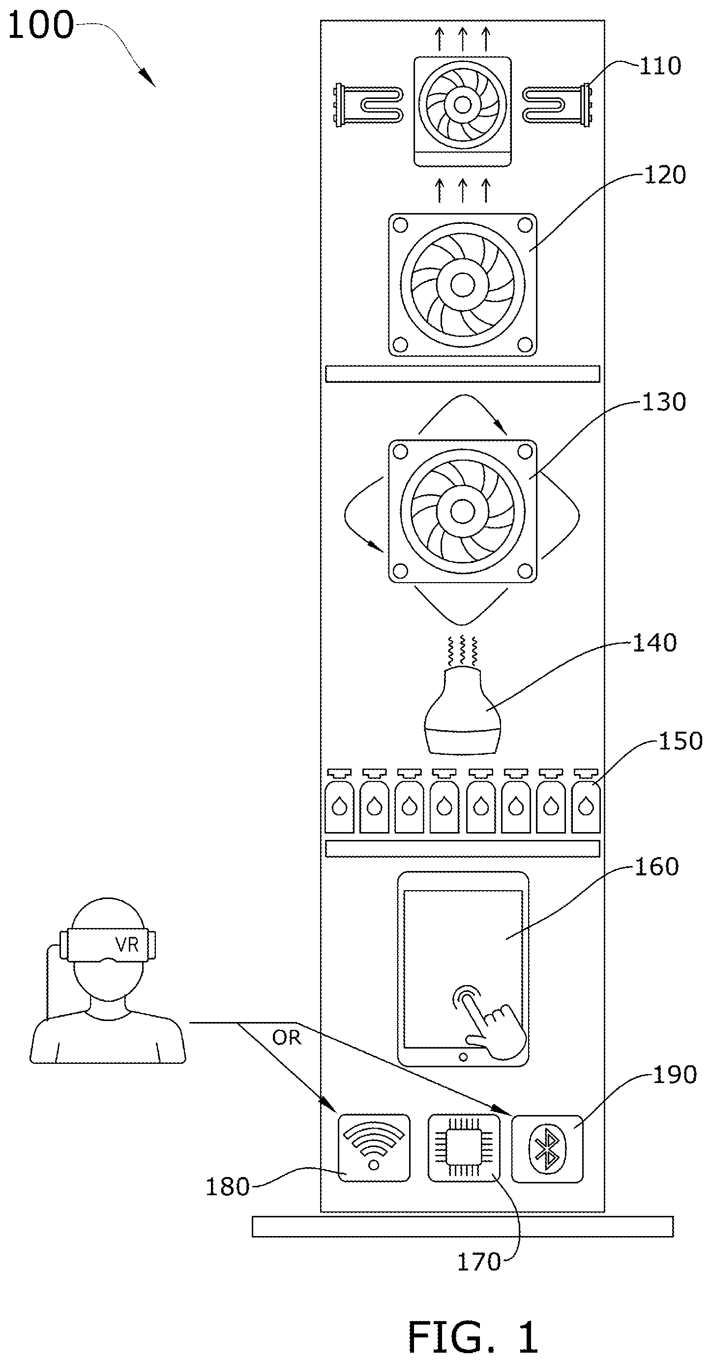 Patent US12350409 Figure 1 – Wirelessly controlled heat, wind, and fragrance diffuser single tower system