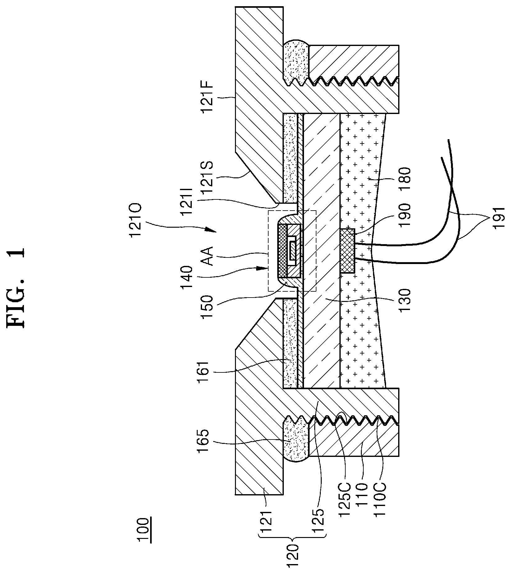 Patent US12350411 Figure 1 – Ultraviolet (UV) light source including light-emitting diode (LED) package with waterproof coating layer
