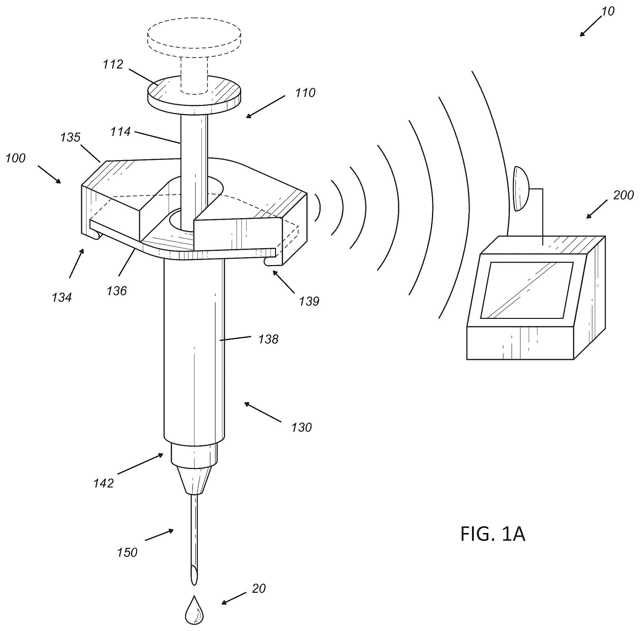 Patent US12350472 Figure 1 – Syringe dose and position measuring apparatus
