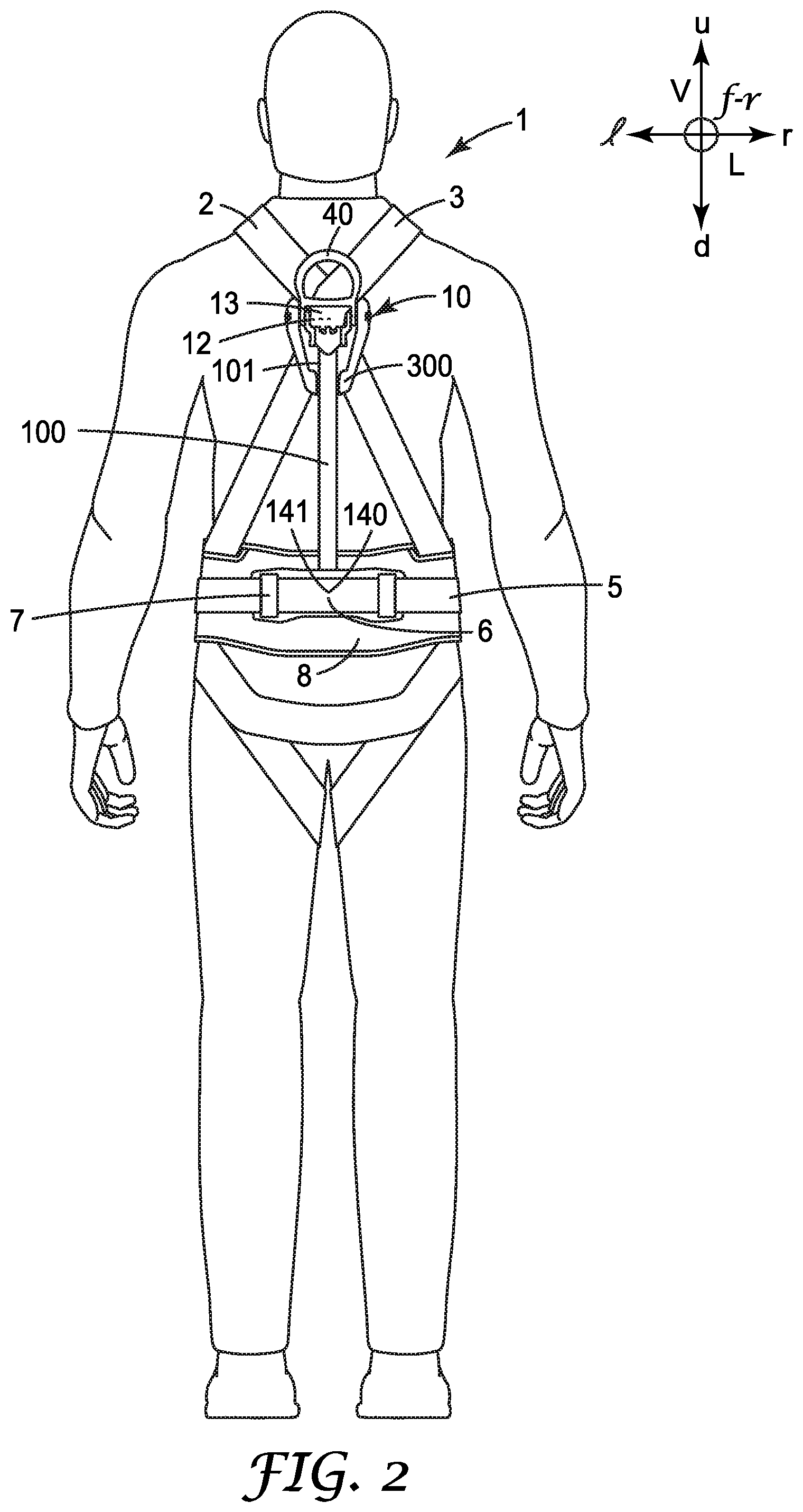 Patent US12350529 Figure 2 – Safety harness with self-locking dorsal brace